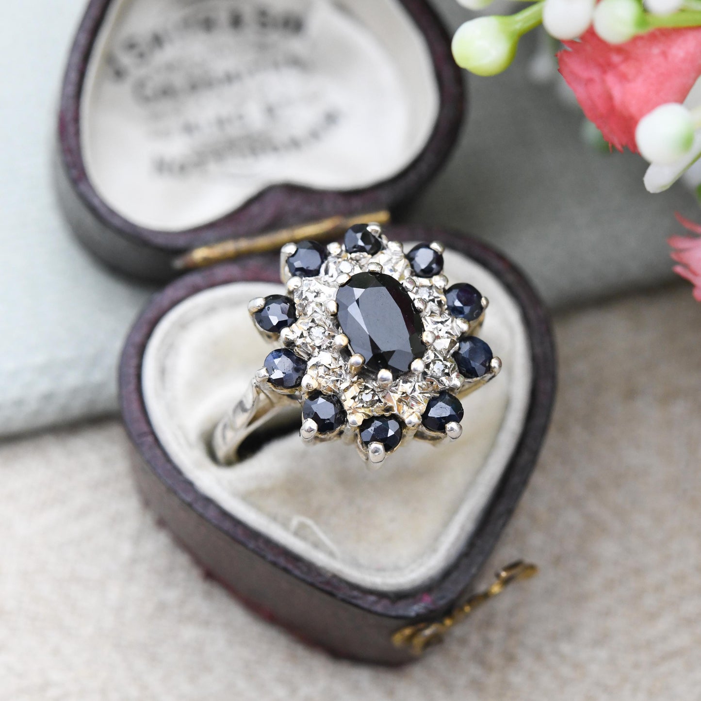 Vintage Sterling Silver Sapphire and Diamond Cocktail Ring 1981 - Mid-Century Statement Sparkly Cluster Ring | UK Size - M | US Size - 6 1/4