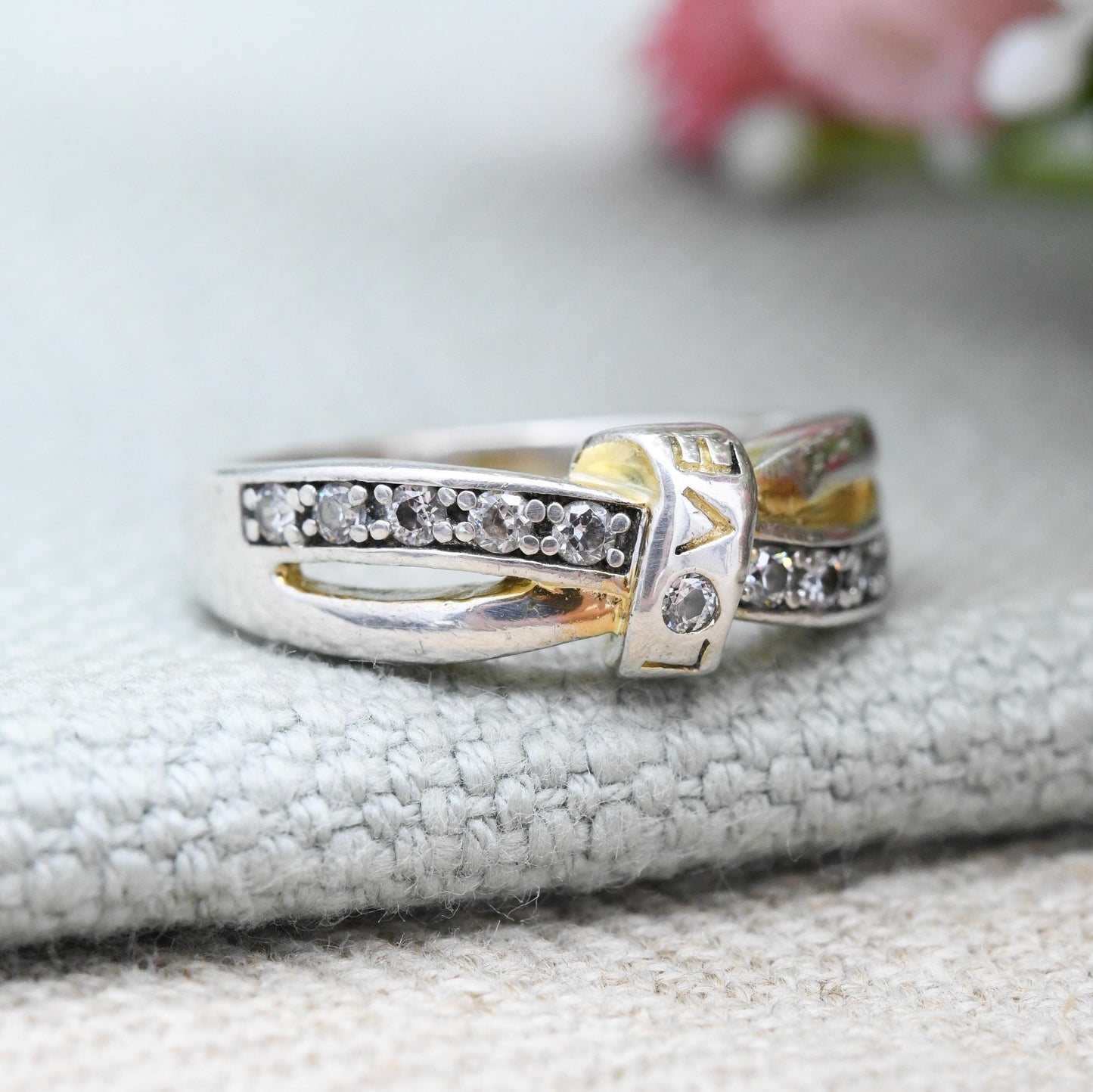 Vintage Sterling Silver CZ Love Ring Crossover Bow - Sparkly Silver Sentimental Jewellery Gift Everyday Ring | UK Size - L | US Size - 5 3/4