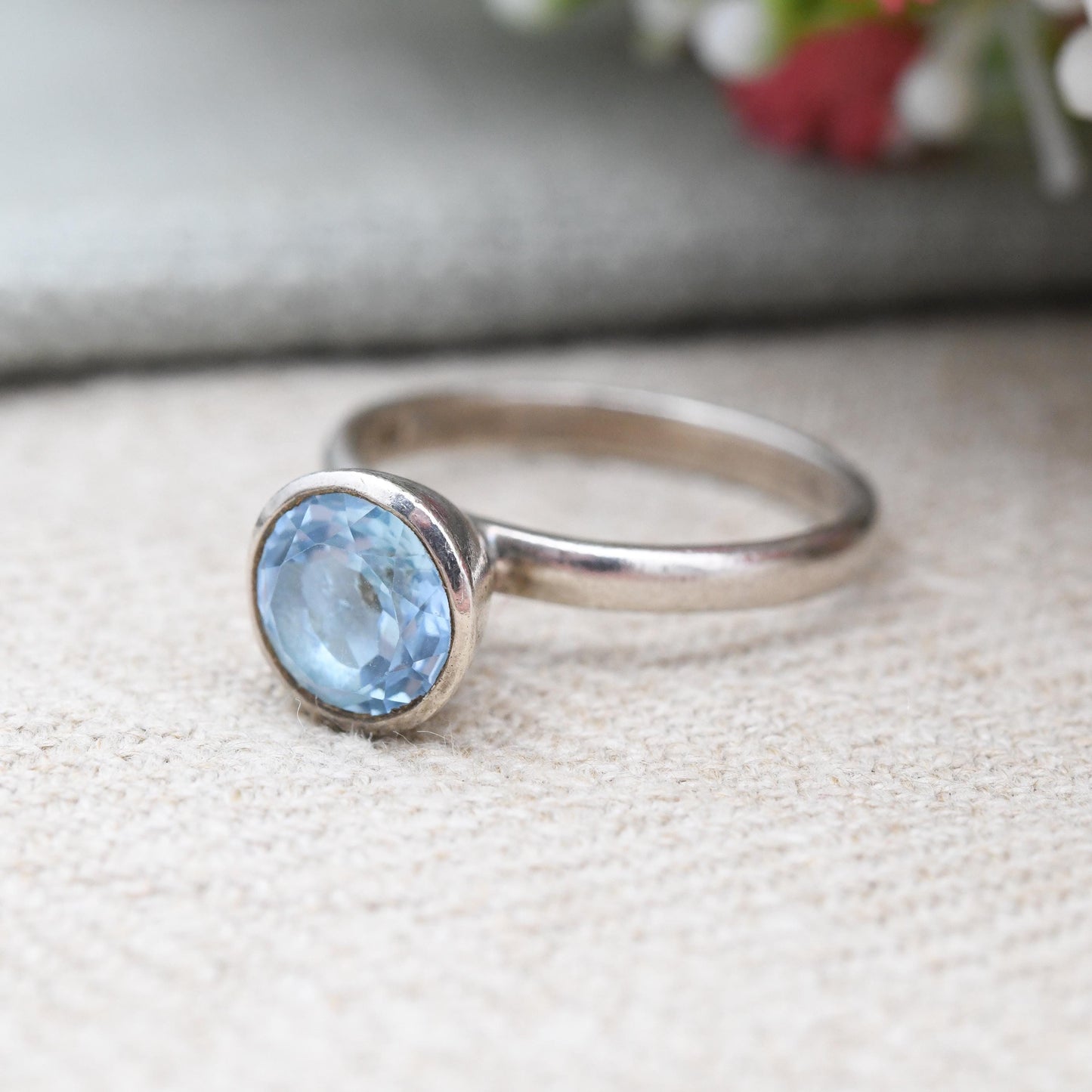 Doug Paulus Sterling Silver Solitaire Ring dp India - Chunky Faceted Baby Blue Stone | Raised Setting | UK Size - Q | US Size - 8 1/4