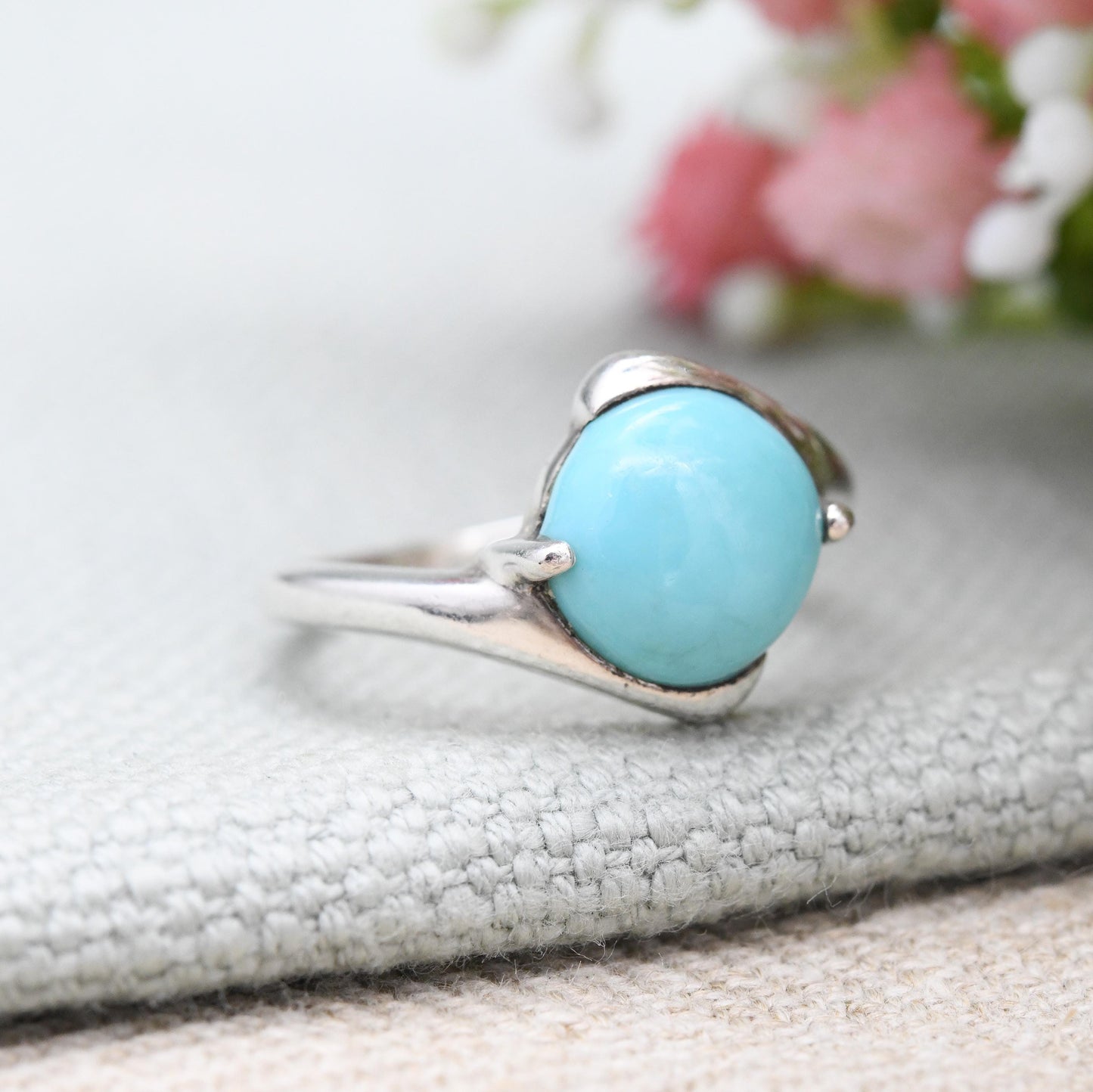 Sterling Silver Turquoise Ring Baby Blue Cabochon Stone - Bypass Style Bezel | Everyday Silver Jewellery | UK Size - O | US Size - 7 1/4
