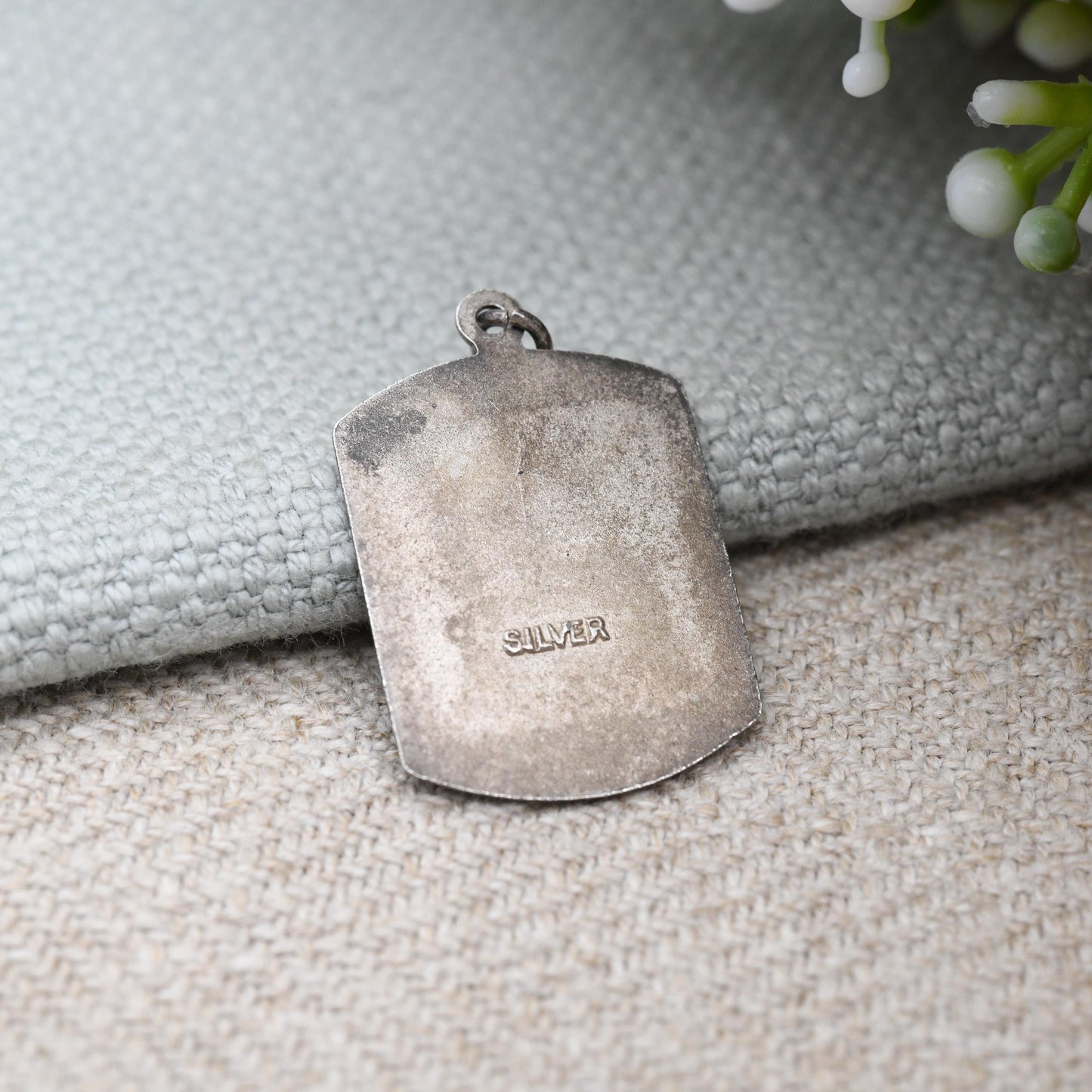Vintage Sterling Silver St. Christopher Pendant - Rounded Rectangle Shape Starburst Border | Patron Saint of Travelling Religious Jewellery