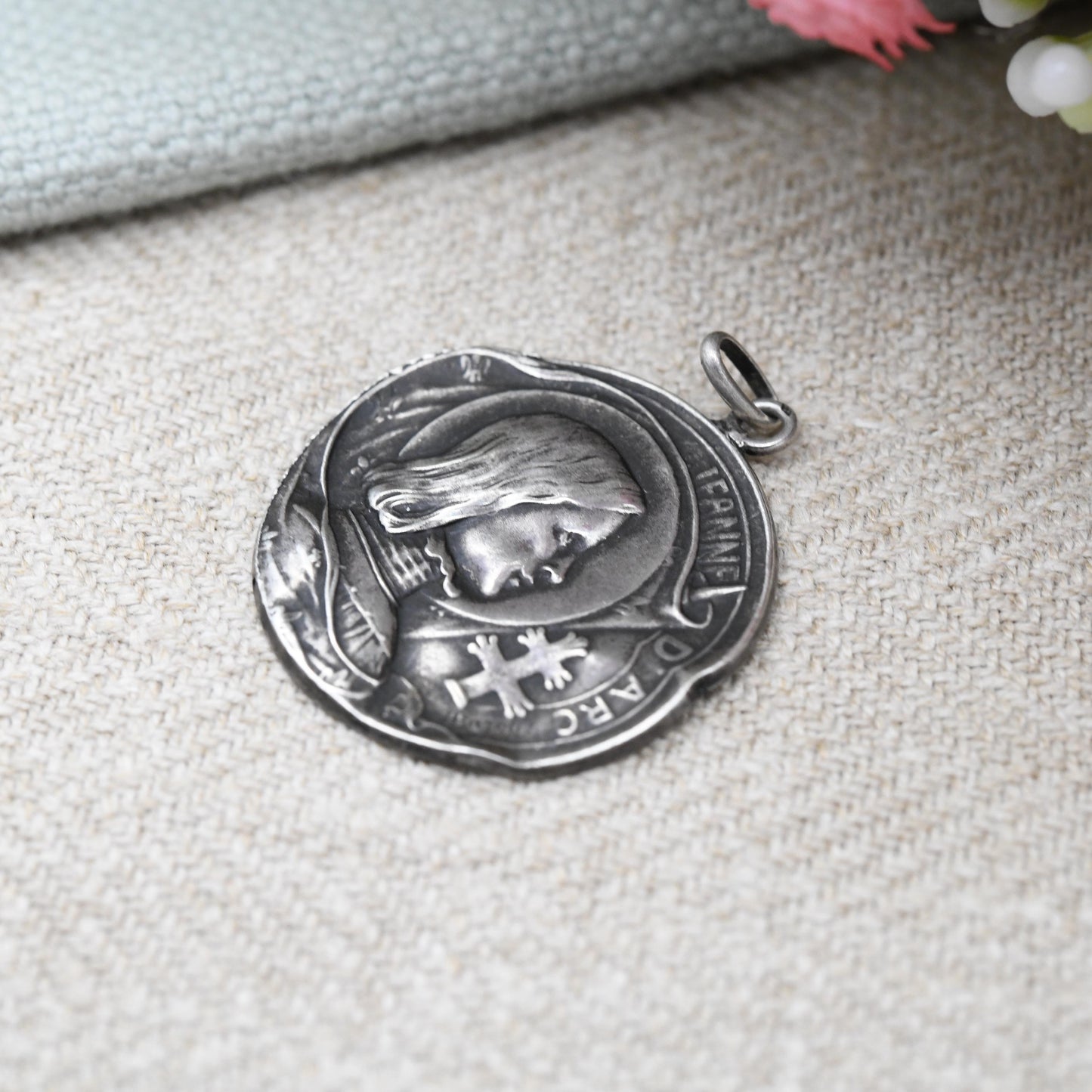 Antique Silver Joan of Arc Medal Pendant Armand Bargas c. 1910 - Jeanne D'Arc Patron Saint of France French Cross of Lorraine | Art Nouveau