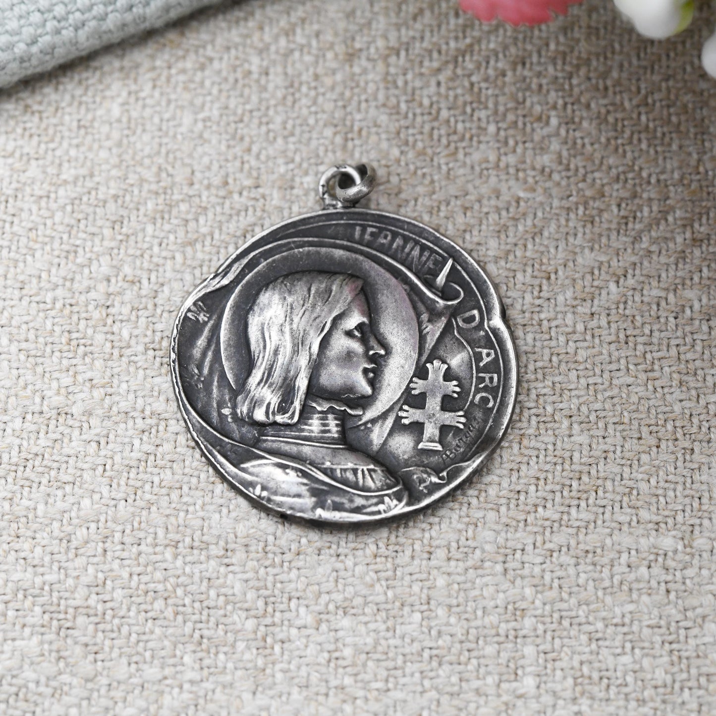 Antique Silver Joan of Arc Medal Pendant Armand Bargas c. 1910 - Jeanne D'Arc Patron Saint of France French Cross of Lorraine | Art Nouveau