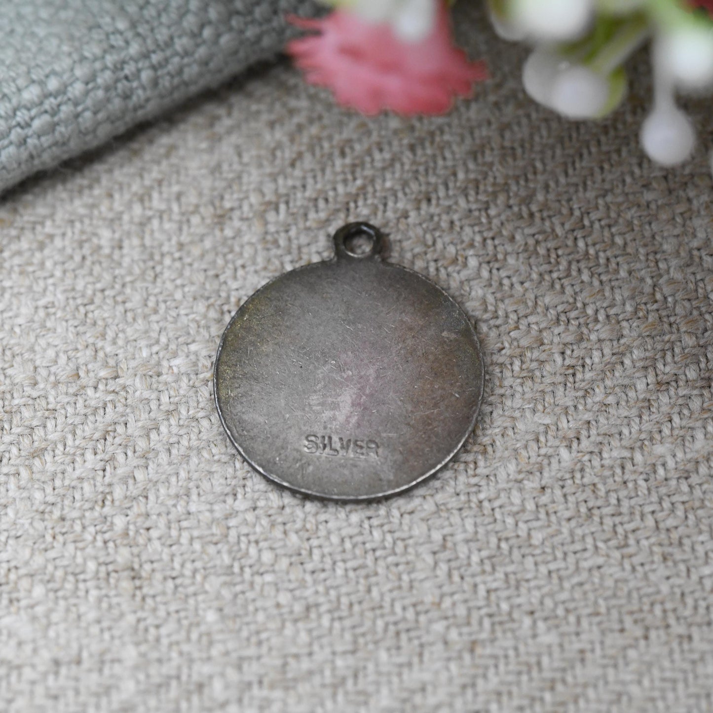 Vintage Sterling Silver St. Christopher Charm Pendant - Small Circle Mid-Century Patron Saint of Travellers | Protect Us | Man Carrying Baby