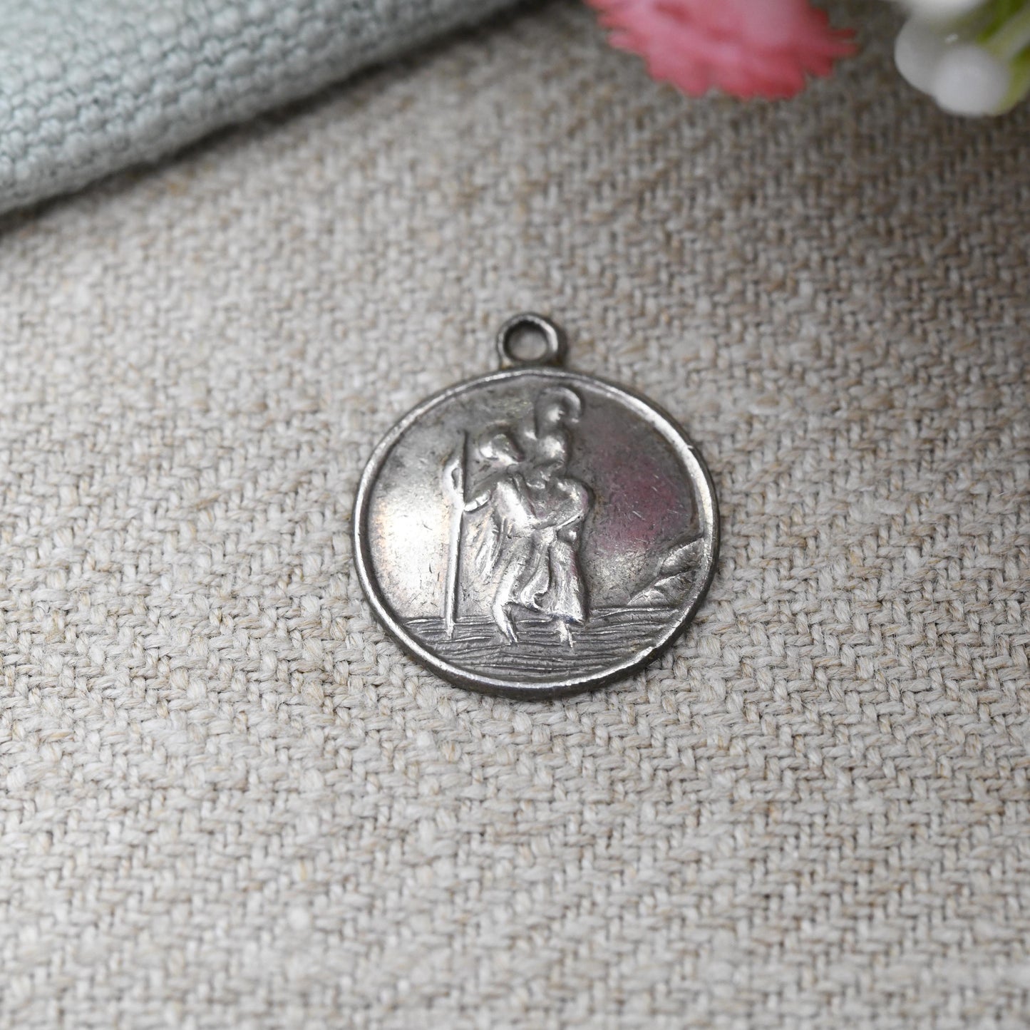 Vintage Sterling Silver St. Christopher Charm Pendant - Small Circle Mid-Century Patron Saint of Travellers | Protect Us | Man Carrying Baby