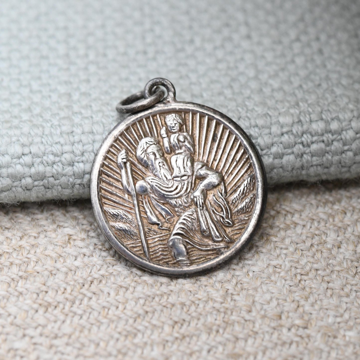 Vintage Sterling Silver St. Christopher Charm Pendant - Small Circle Mid-Century Patron Saint of Travellers | Protect Us | Sunrise Behind