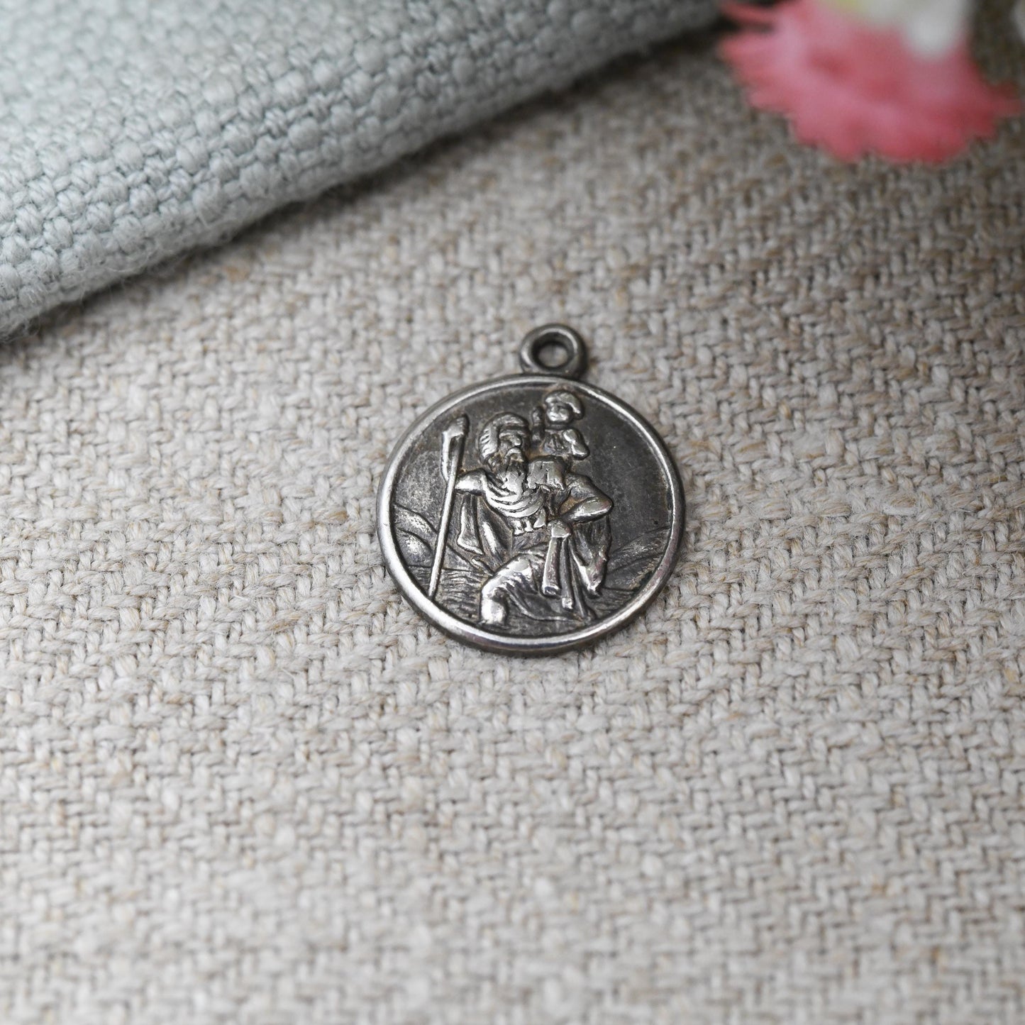 Vintage Sterling Silver St. Christopher Charm Pendant - Small Circle Mid-Century Patron Saint of Travellers | Protect Us | Man Carrying Baby
