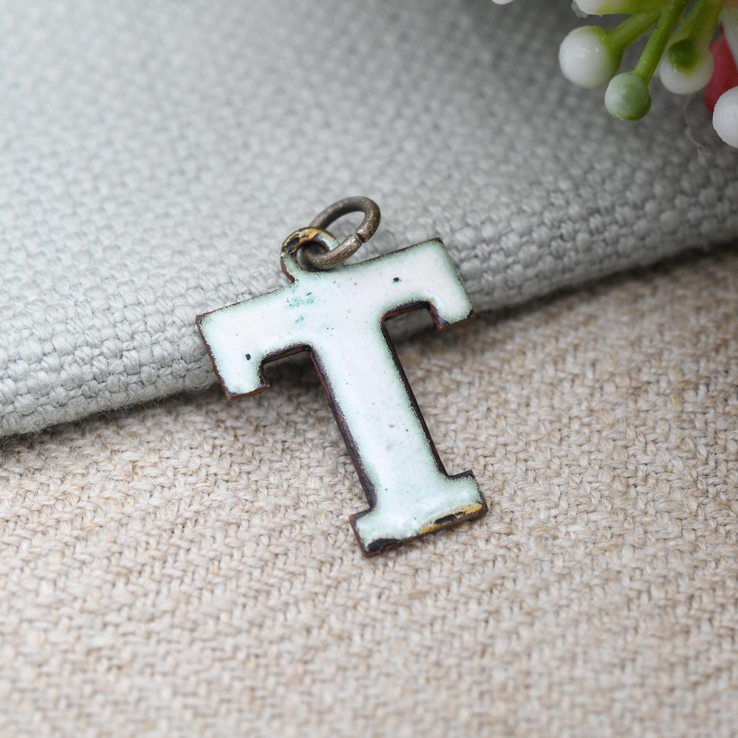Vintage Enamel Letter T Pendant - Personalised Charm | Colourful Bright Enamel Red Love Heart | Blue and White European Portuguese Style