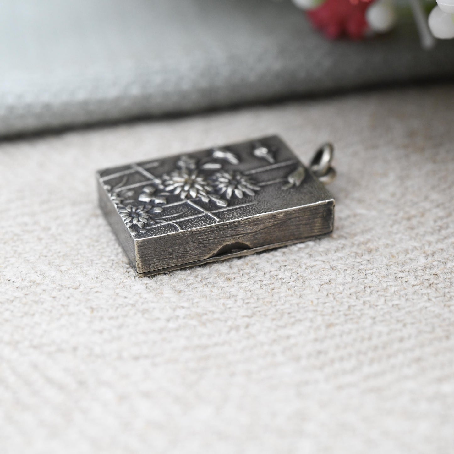 Antique Meiji Japanese Geisha Girl Locket Pendant with Miniature Photo Album Inside - Opening Book Charm with Kimono Girls Early Photographs