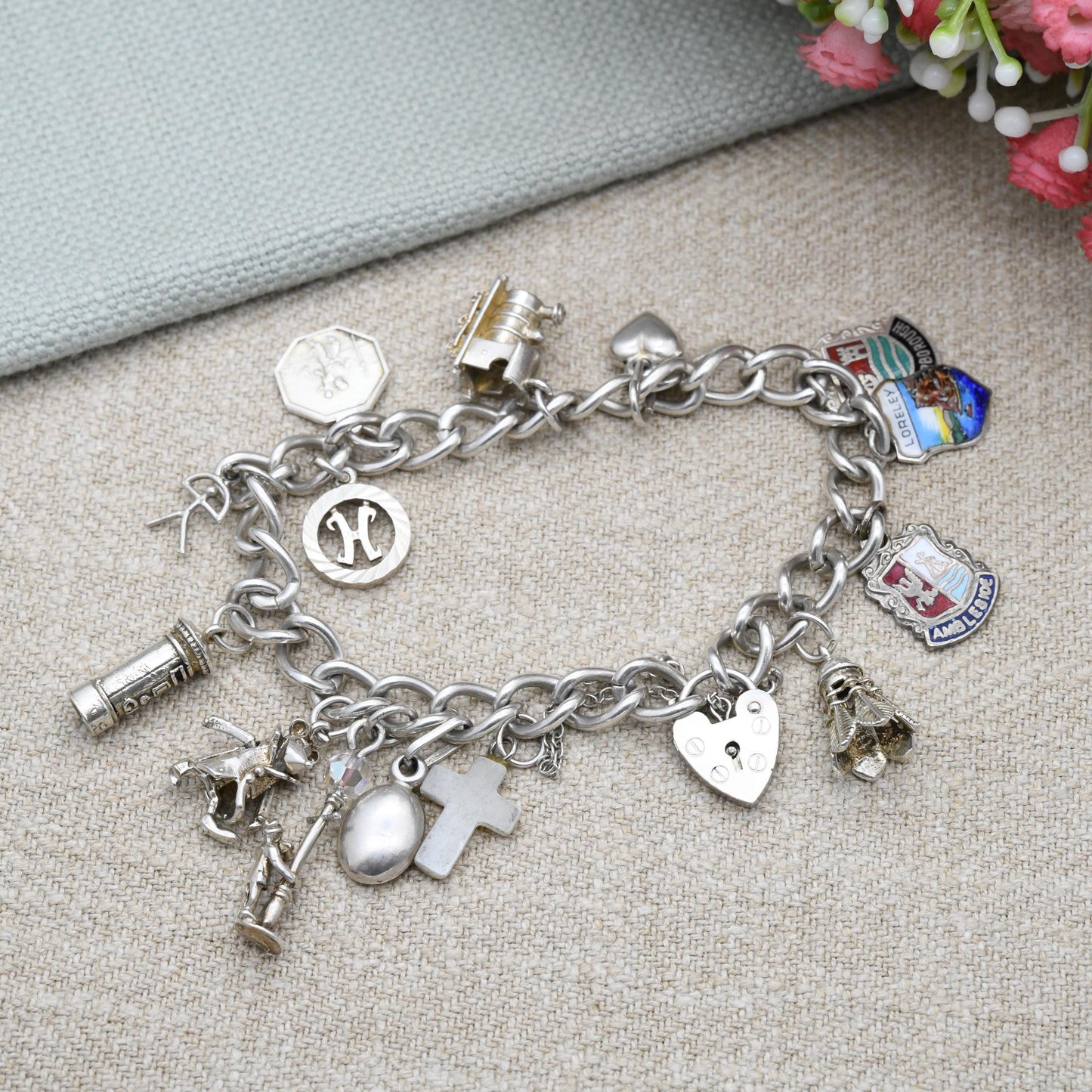 Vintage Sterling Silver Charm Bracelet with 14 Charms 1985 - Articulated Rat Shuttlecock Mother of Pearl Cross | Curb Links | Starter Charm