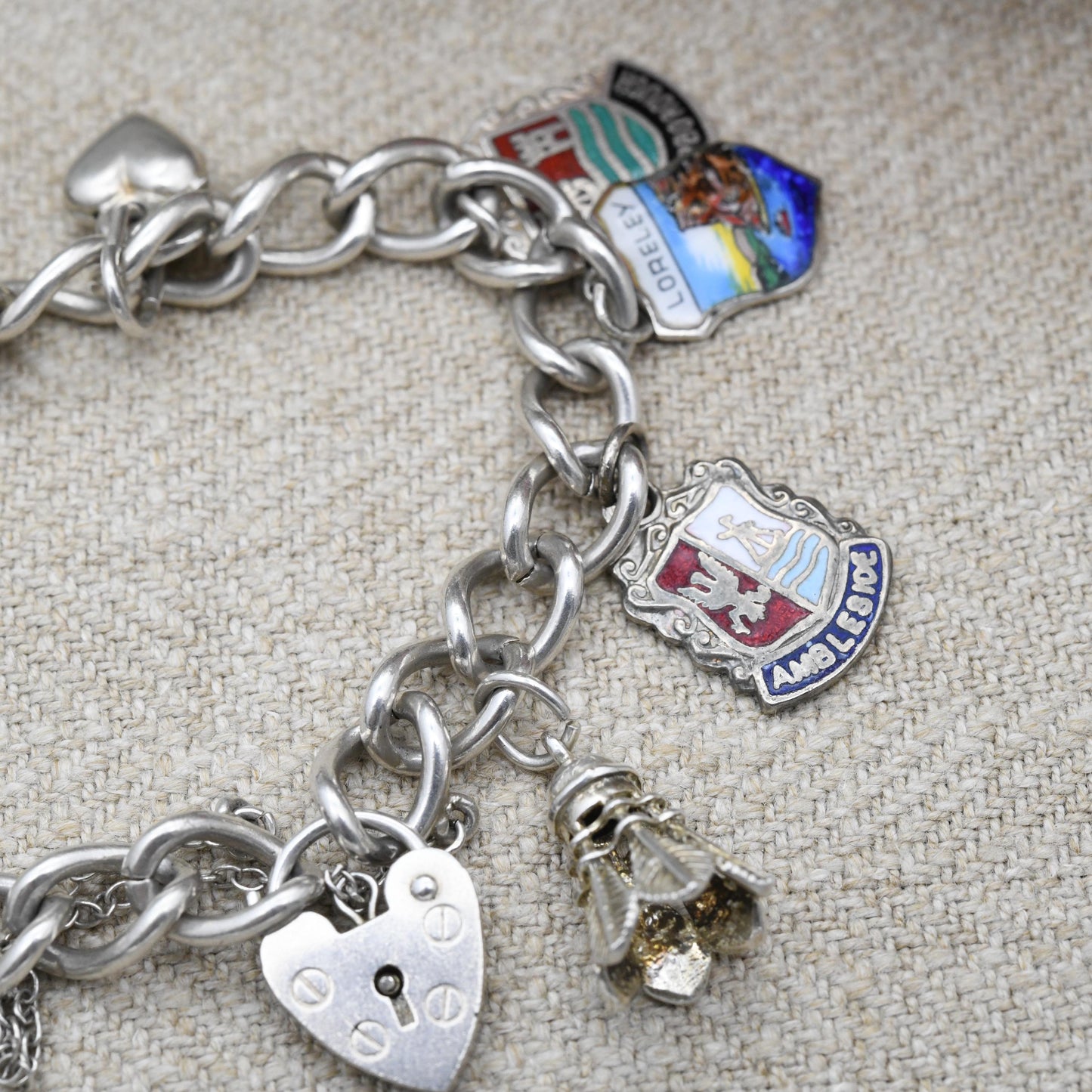 Vintage Sterling Silver Charm Bracelet with 14 Charms 1985 - Articulated Rat Shuttlecock Mother of Pearl Cross | Curb Links | Starter Charm