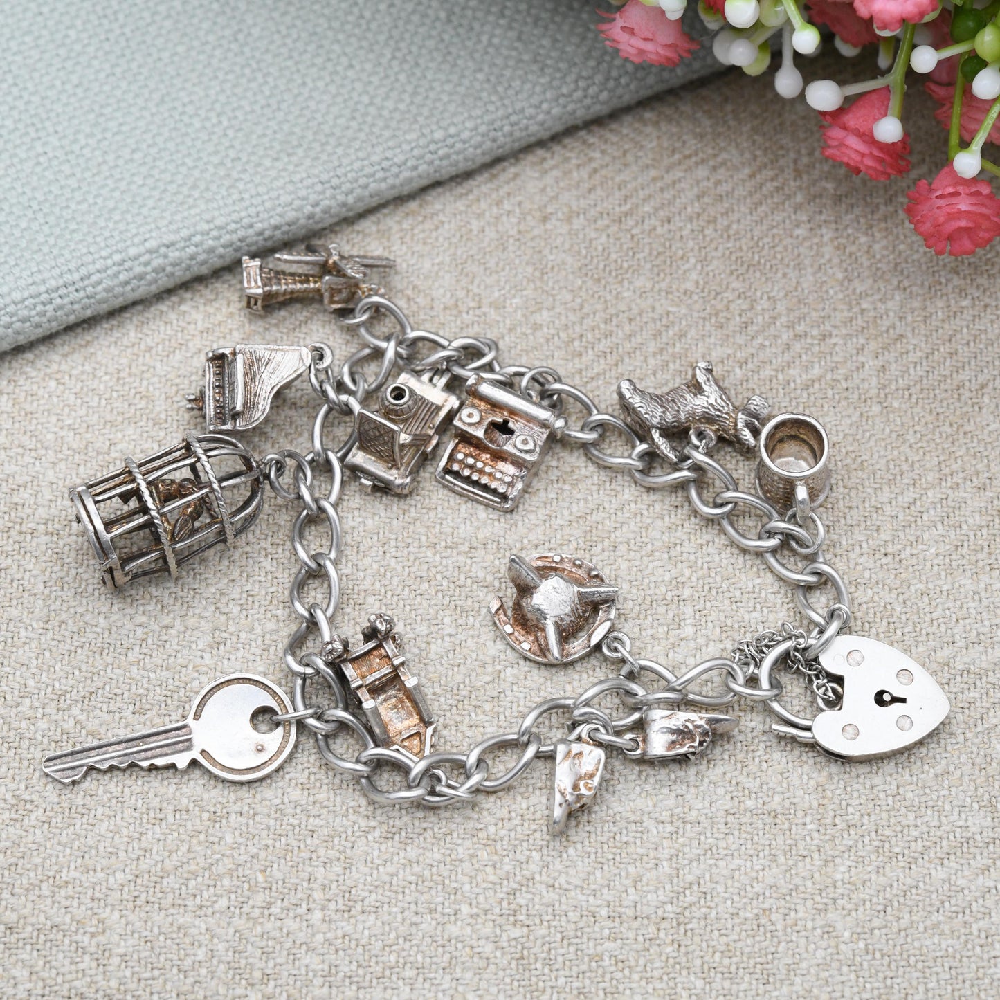 Vintage Sterling Silver Charm Bracelet with 11 Charms - Stone of Scone Throne Opening Camera Scottie Dog Key | Curb Links Starter Charm Set