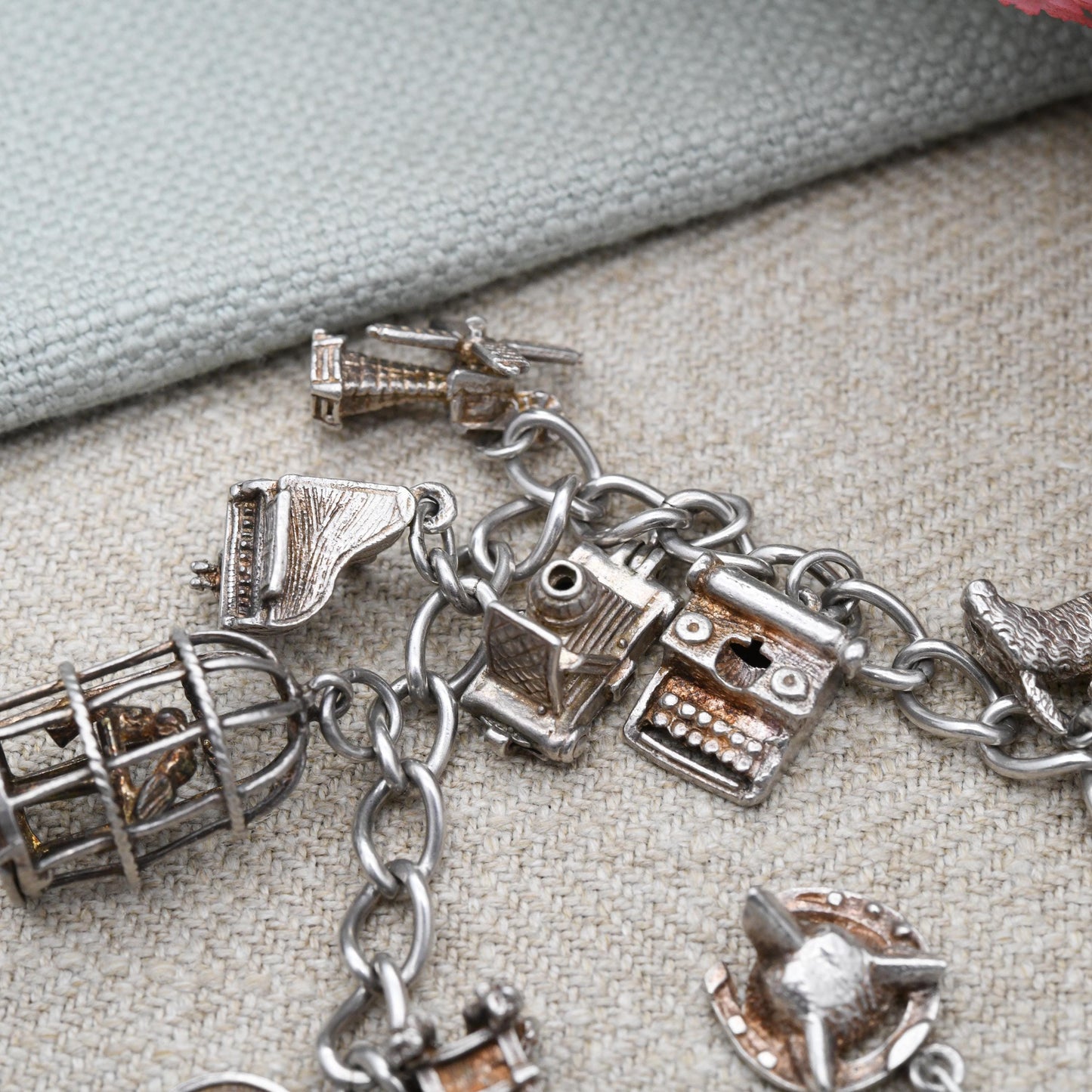 Vintage Sterling Silver Charm Bracelet with 11 Charms - Stone of Scone Throne Opening Camera Scottie Dog Key | Curb Links Starter Charm Set