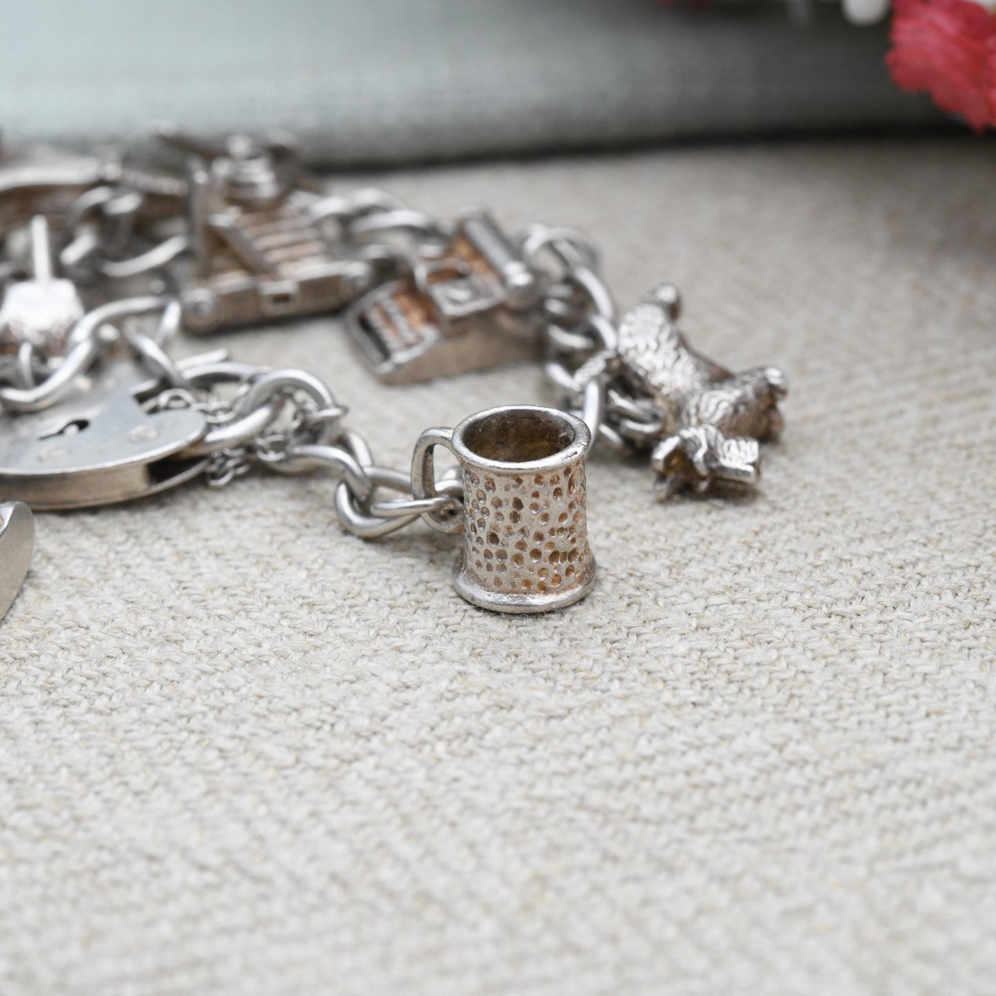 Vintage Sterling Silver Charm Bracelet with 11 Charms - Stone of Scone Throne Opening Camera Scottie Dog Key | Curb Links Starter Charm Set