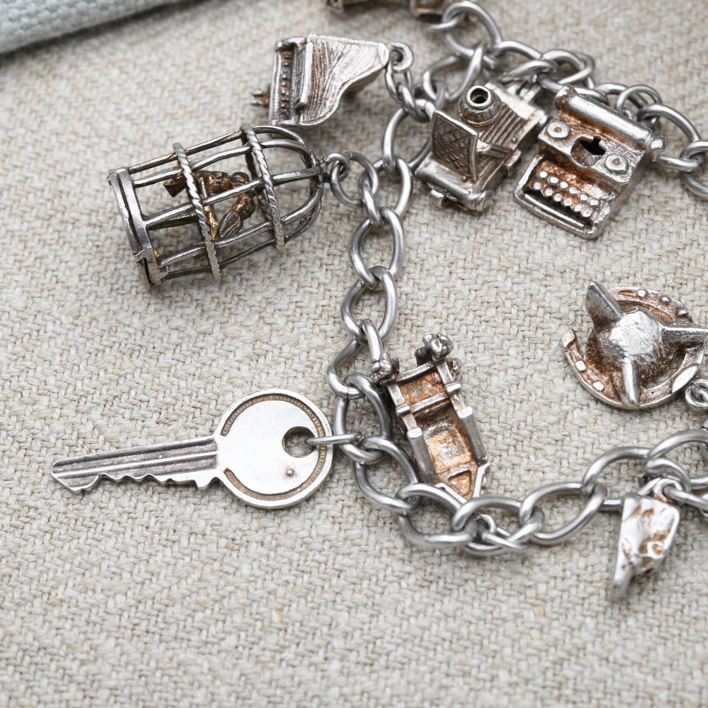 Vintage Sterling Silver Charm Bracelet with 11 Charms - Stone of Scone Throne Opening Camera Scottie Dog Key | Curb Links Starter Charm Set
