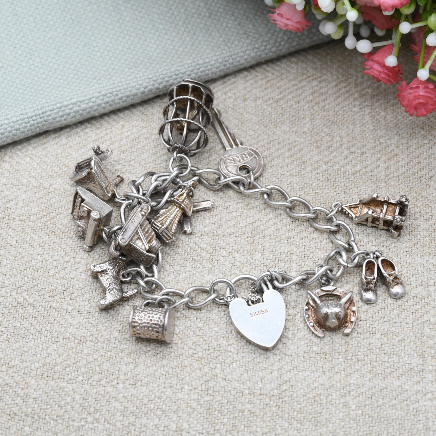 Vintage Sterling Silver Charm Bracelet with 11 Charms - Stone of Scone Throne Opening Camera Scottie Dog Key | Curb Links Starter Charm Set