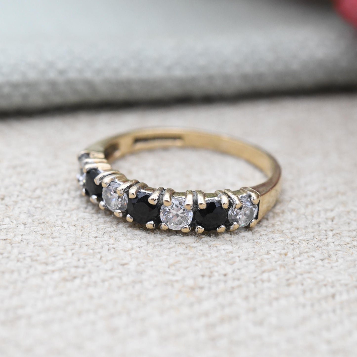Vintage 9ct Gold Sapphire and CZ Half Eternity Ring 1990 - Half Hoop Alternate Blue White Gem Stacking Ring | UK Size - L | US Size - 5 3/4