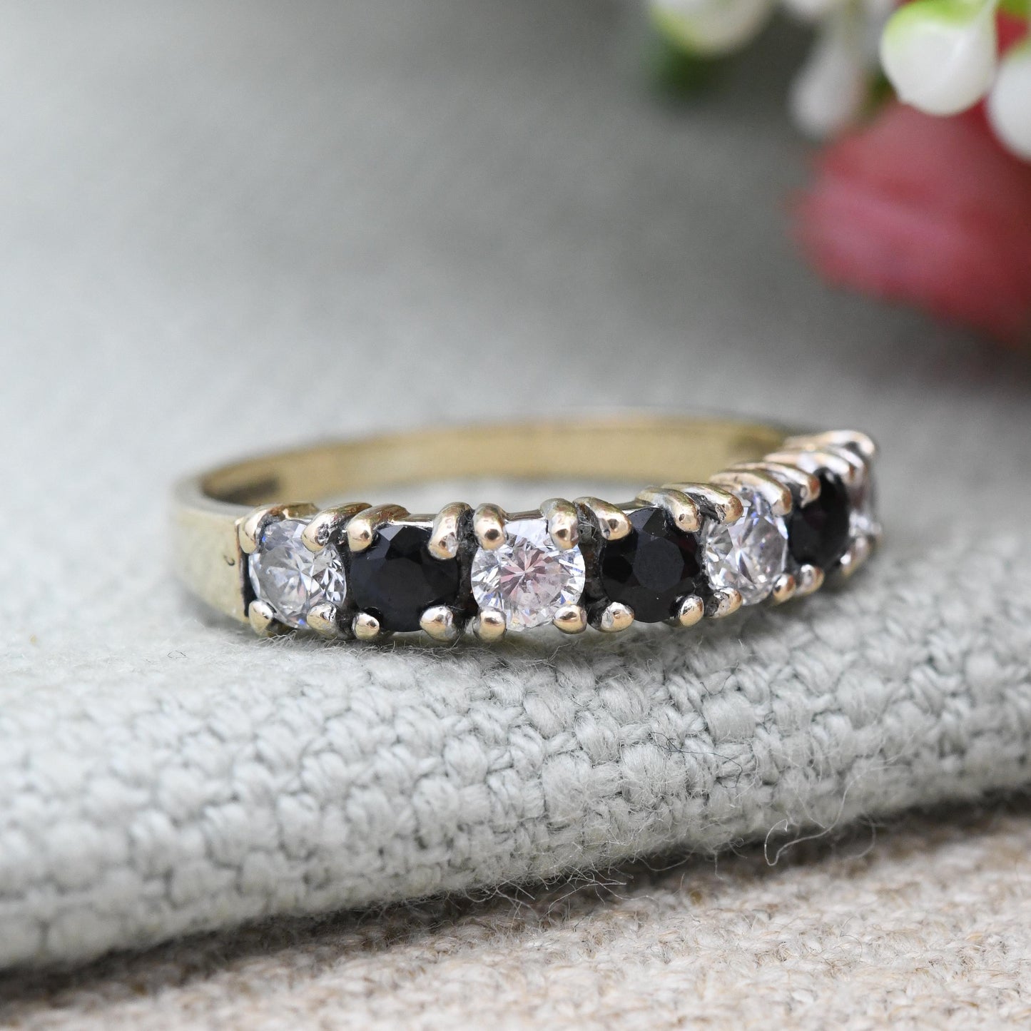 Vintage 9ct Gold Sapphire and CZ Half Eternity Ring 1990 - Half Hoop Alternate Blue White Gem Stacking Ring | UK Size - L | US Size - 5 3/4