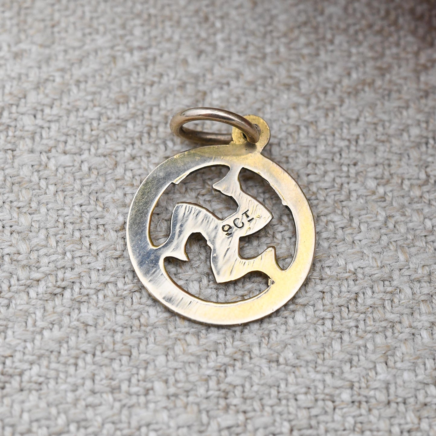 Antique 9ct Gold Isle of Man Charm Pendant Triskelion Three Legs - Yellow Gold Engraved Charm Souvenir Gift for Charm Bracelet Manx Mann