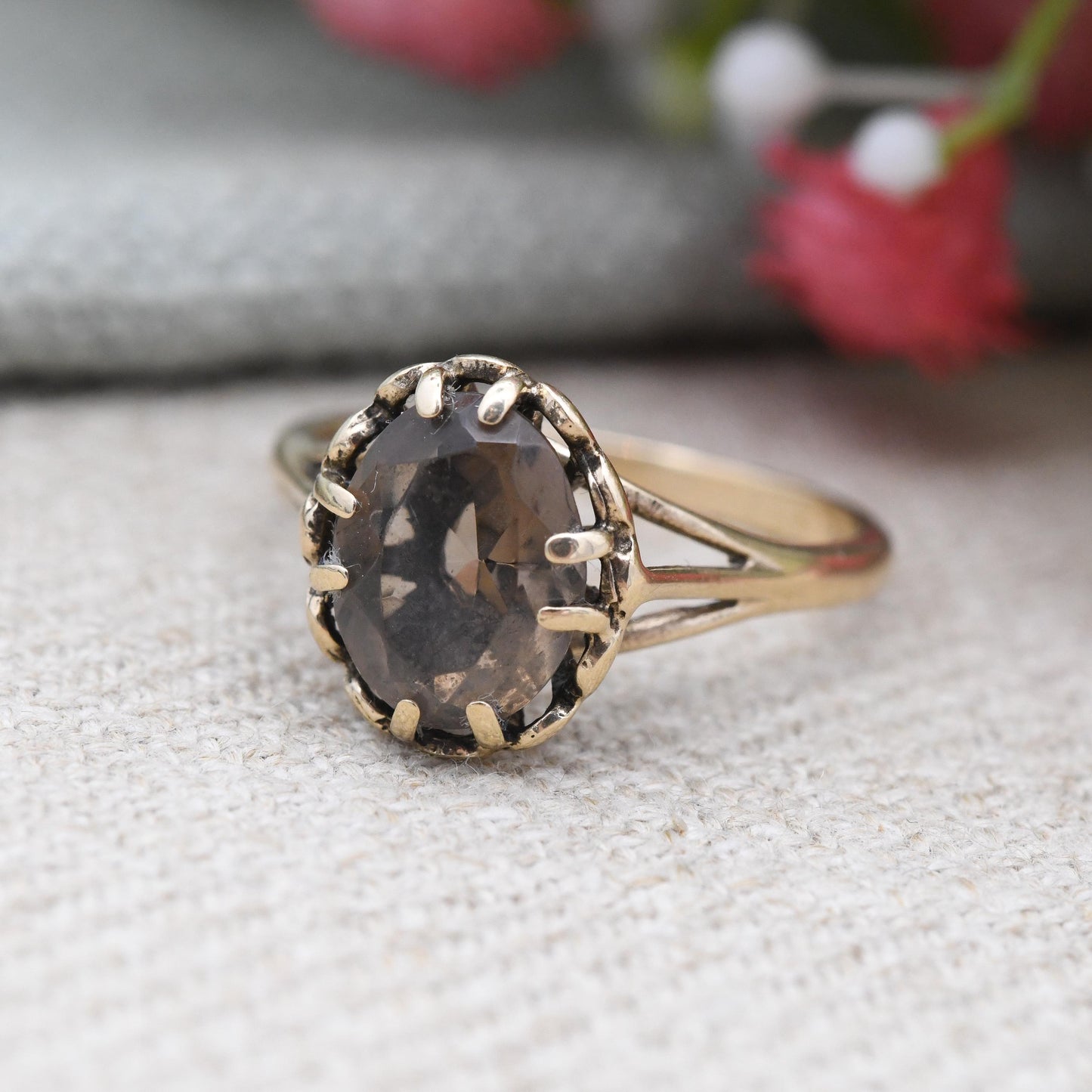 Vintage 9ct Gold Smoky Quartz Statement Ring 1976 by Toye Kenning & Spencer - Mid-Century Large Brown Gemstone | UK Size - O US Size - 7 1/4