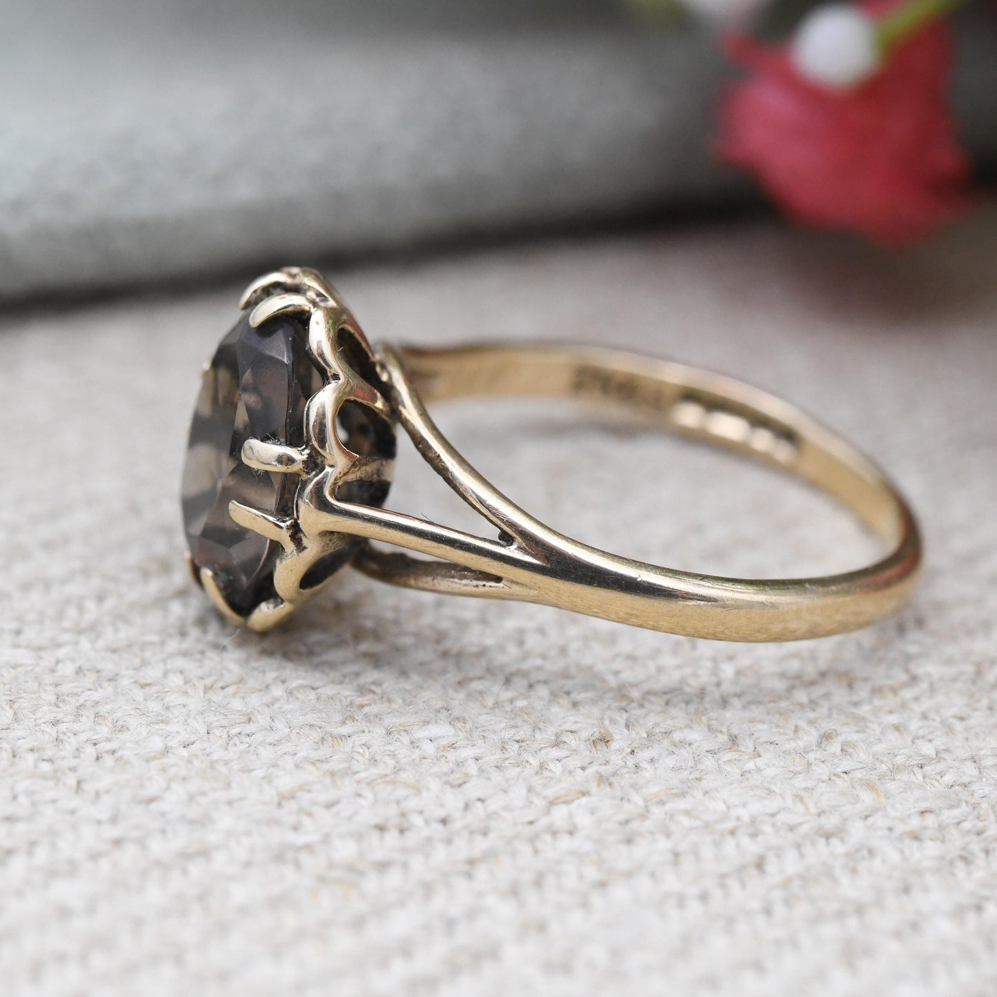 Vintage 9ct Gold Smoky Quartz Statement Ring 1976 by Toye Kenning & Spencer - Mid-Century Large Brown Gemstone | UK Size - O US Size - 7 1/4