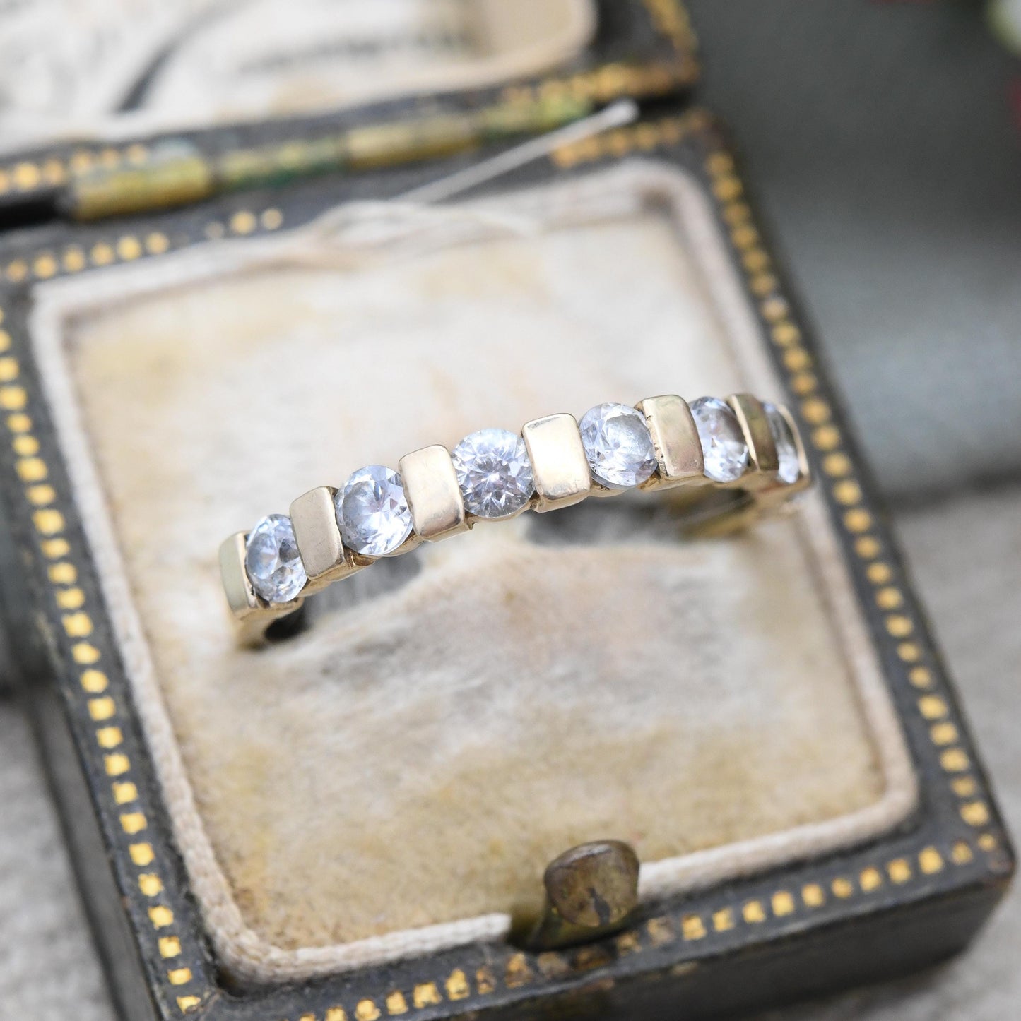 Vintage 9ct Gold CZ Half Hoop Ring Bar Set Half Eternity - Anniversary Jewellery Gift Stacker Stacking Ring | UK Size - P | US Size - 7 1/2