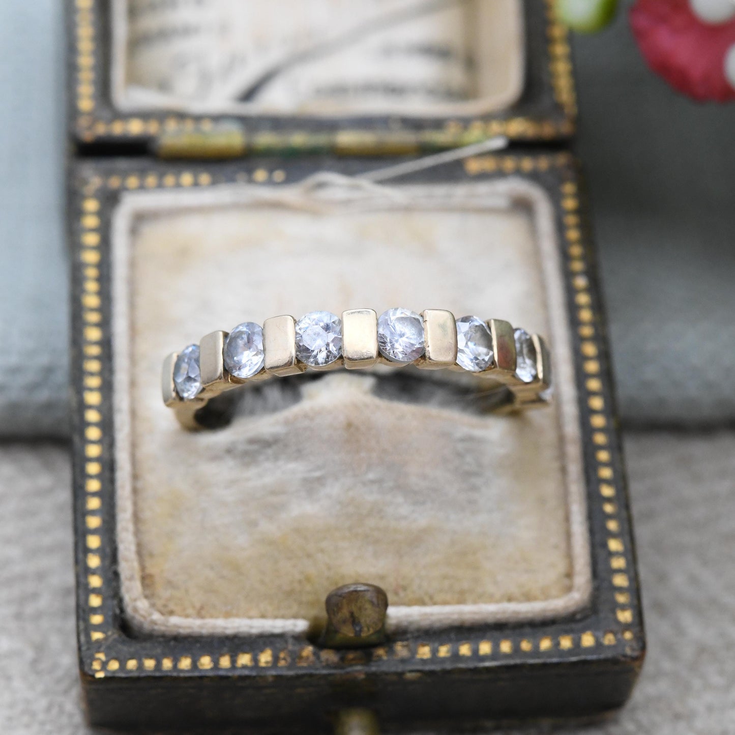 Vintage 9ct Gold CZ Half Hoop Ring Bar Set Half Eternity - Anniversary Jewellery Gift Stacker Stacking Ring | UK Size - P | US Size - 7 1/2