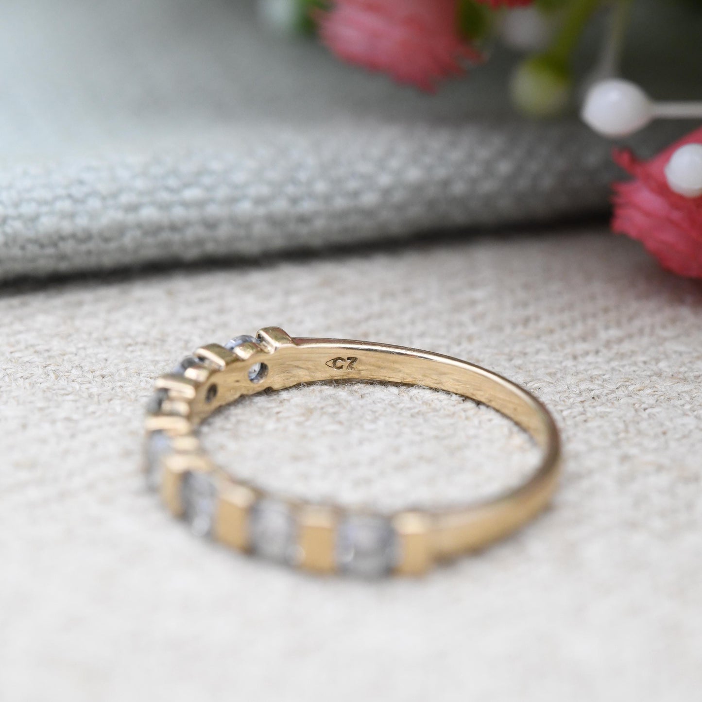 Vintage 9ct Gold CZ Half Hoop Ring Bar Set Half Eternity - Anniversary Jewellery Gift Stacker Stacking Ring | UK Size - P | US Size - 7 1/2