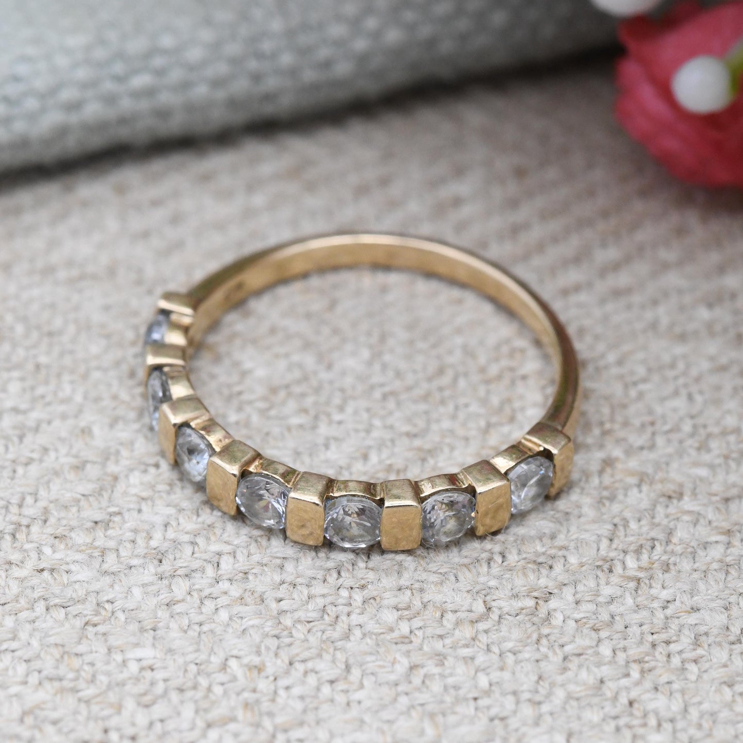 Vintage 9ct Gold CZ Half Hoop Ring Bar Set Half Eternity - Anniversary Jewellery Gift Stacker Stacking Ring | UK Size - P | US Size - 7 1/2