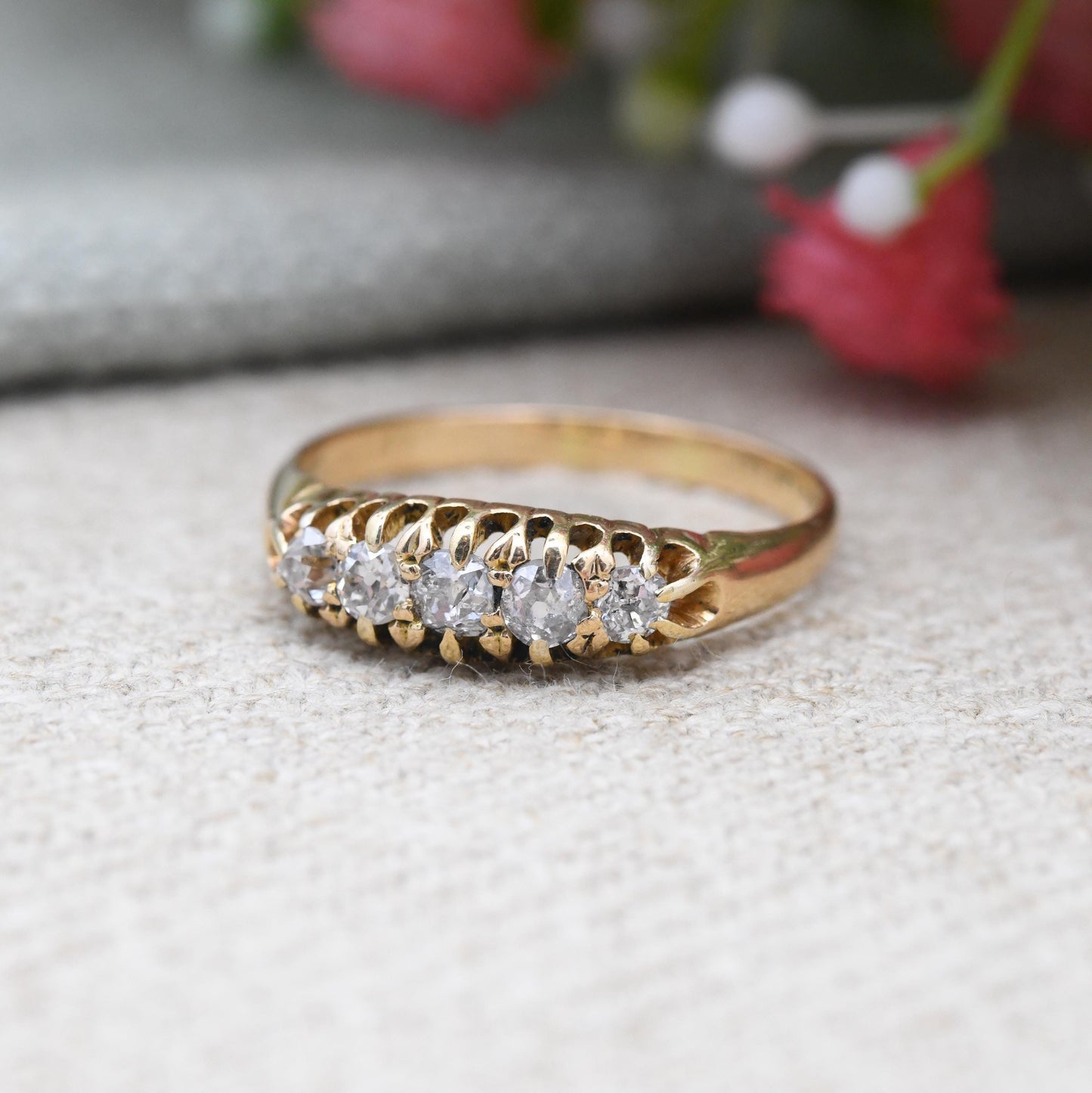 Antique 18ct Gold Old Cut Diamond Boat Ring Edwardian Period - 20th Century Pretty Five Stone Ring Engagement | UK Size - P US Size - 7 3/4