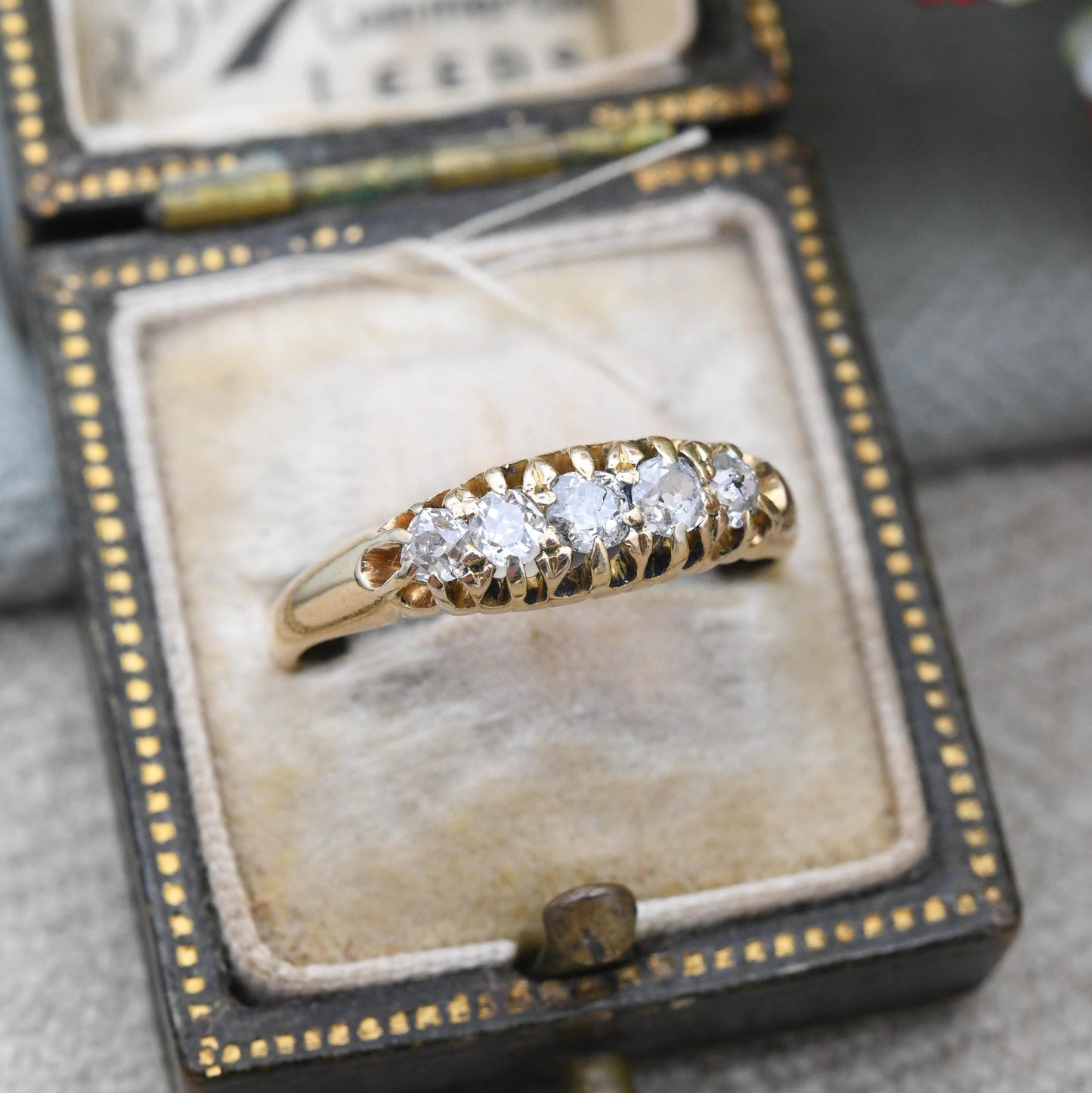 Antique 18ct Gold Old Cut Diamond Boat Ring Edwardian Period - 20th Century Pretty Five Stone Ring Engagement | UK Size - P US Size - 7 3/4