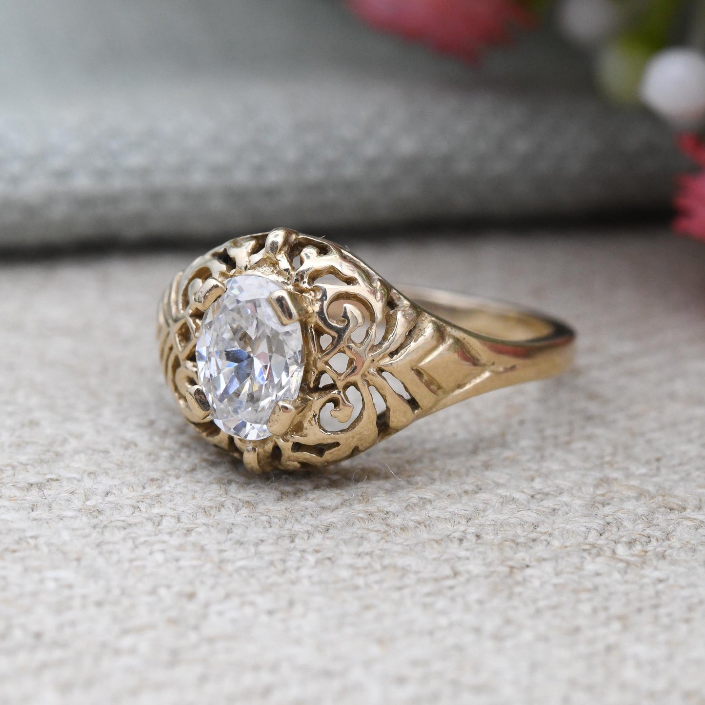 14ct Gold CZ Oval Solitaire Ring with Openwork Scrolling Boule - Sparkly Clear Stone Delicate Jewellery Gift | UK Size - L | US Size - 5 3/4