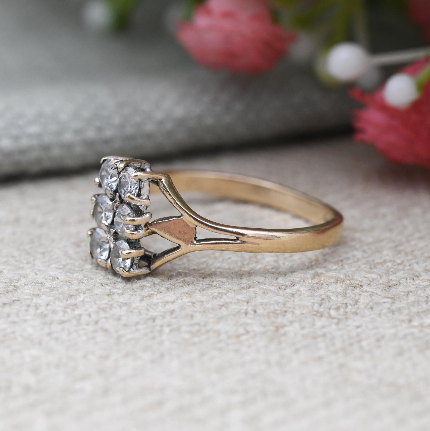 Vintage 9ct Gold CZ Plaque Ring 1982 - Rectangle Shape Setting Pave Ring Solid Gold Jewellery Gift for Her | UK Size - L | US Size - 5 3/4