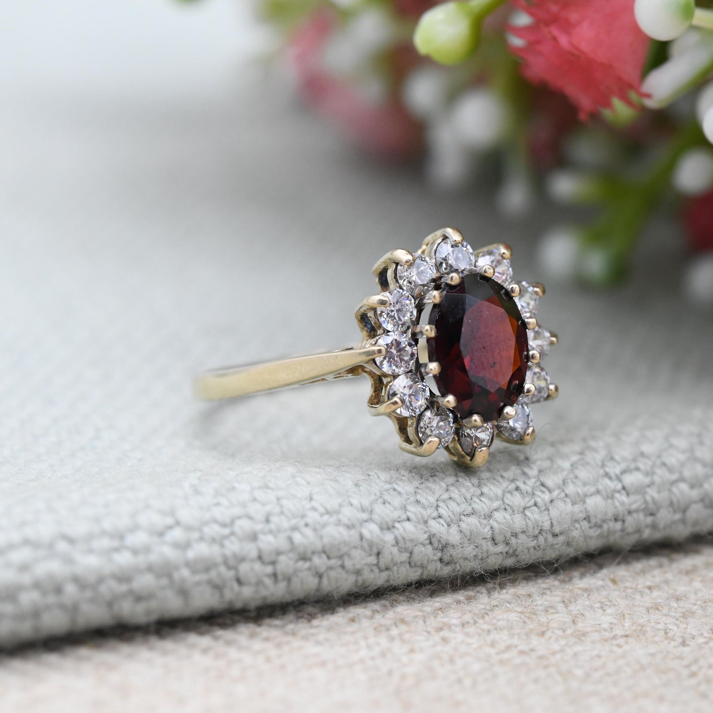 Vintage 9ct Gold Garnet Floral Cluster Ring with Clear Stone Halo c. 1980s - Cocktail Statement Dress Ring | UK Size - R | US Size - 8 1/2