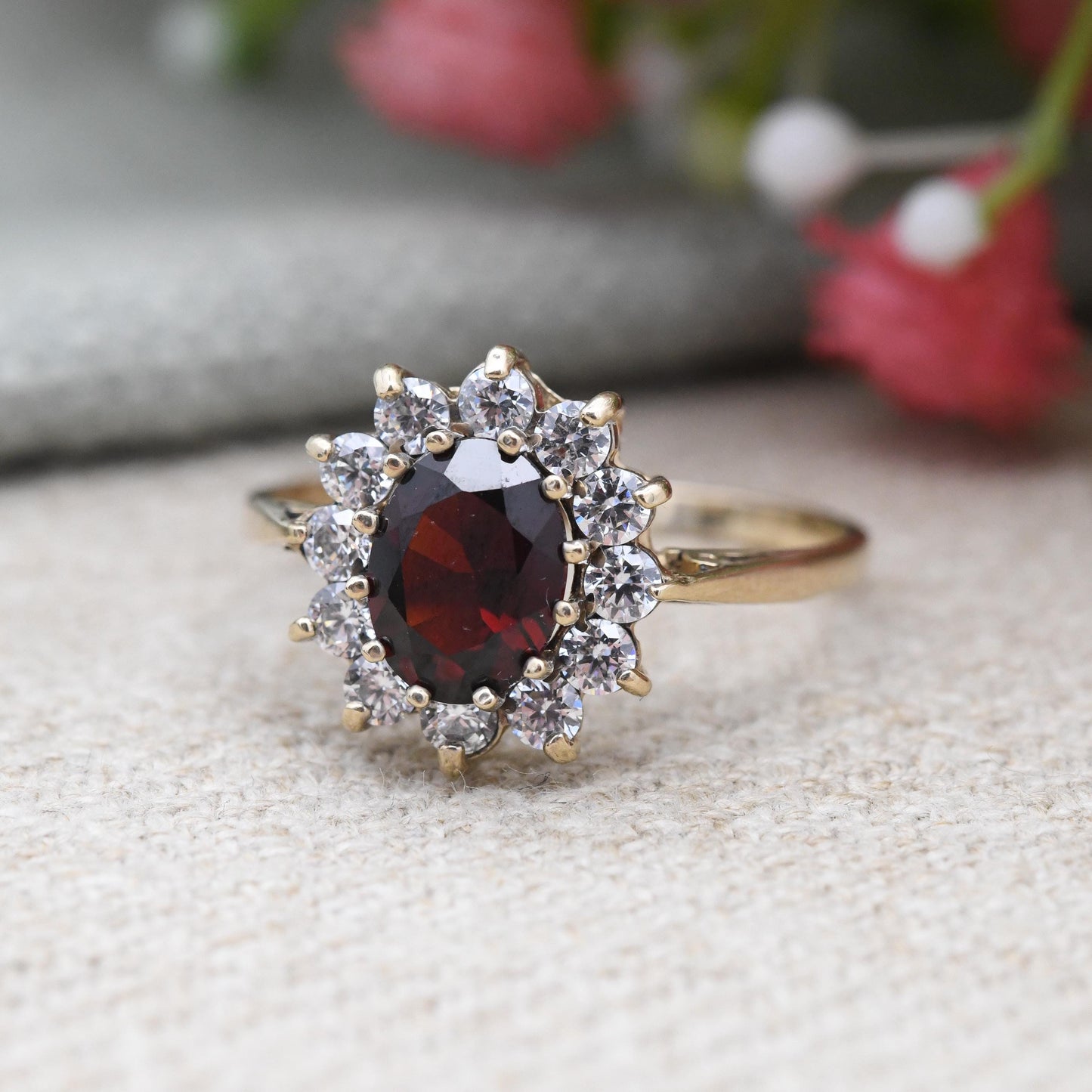Vintage 9ct Gold Garnet Floral Cluster Ring with Clear Stone Halo c. 1980s - Cocktail Statement Dress Ring | UK Size - R | US Size - 8 1/2