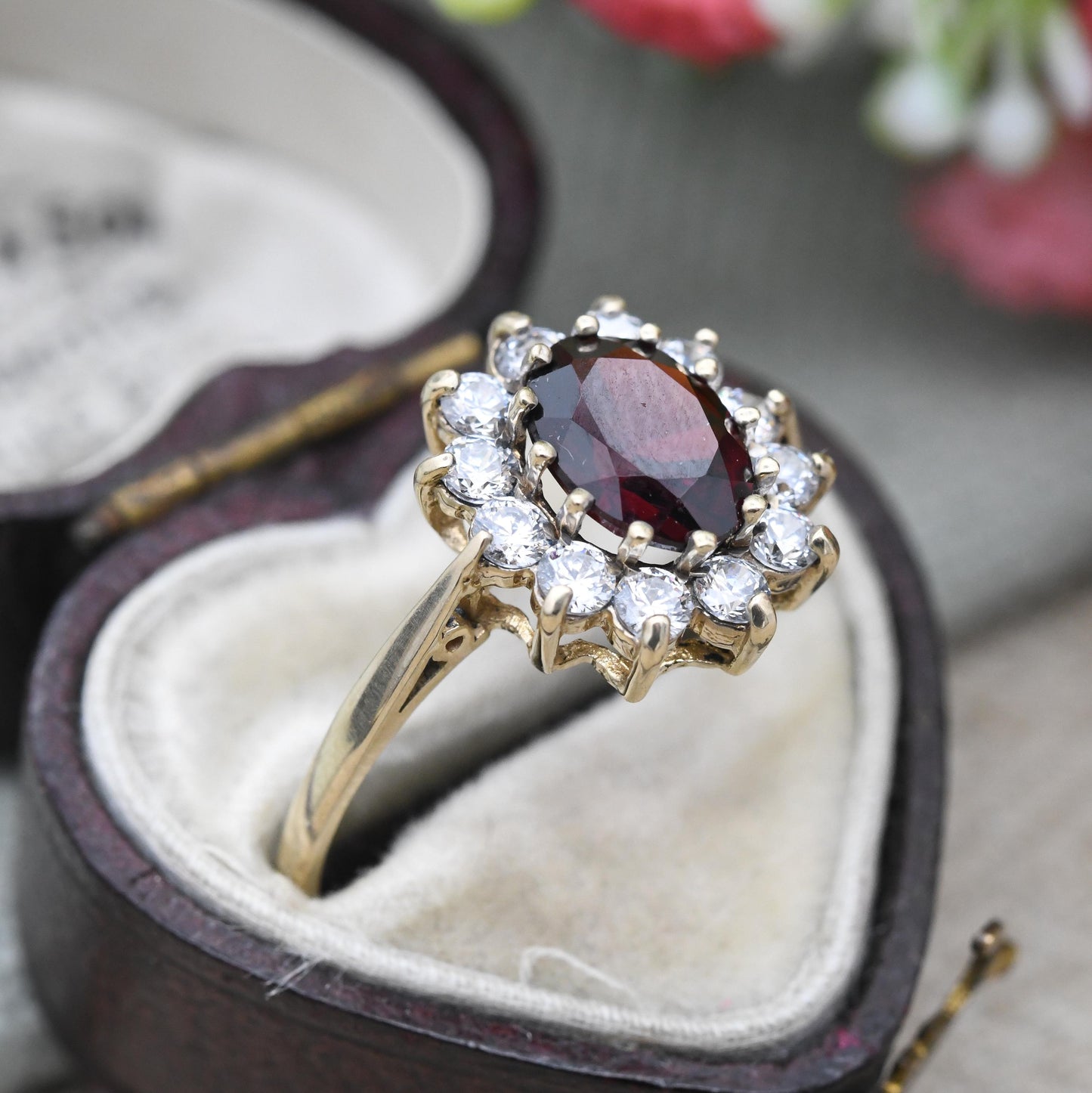 Vintage 9ct Gold Garnet Floral Cluster Ring with Clear Stone Halo c. 1980s - Cocktail Statement Dress Ring | UK Size - R | US Size - 8 1/2