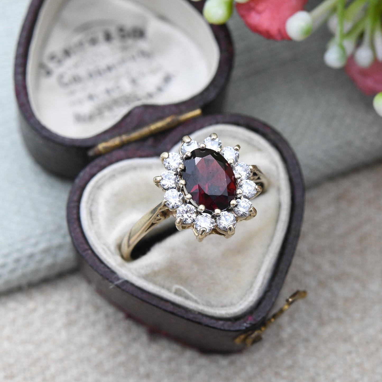 Vintage 9ct Gold Garnet Floral Cluster Ring with Clear Stone Halo c. 1980s - Cocktail Statement Dress Ring | UK Size - R | US Size - 8 1/2