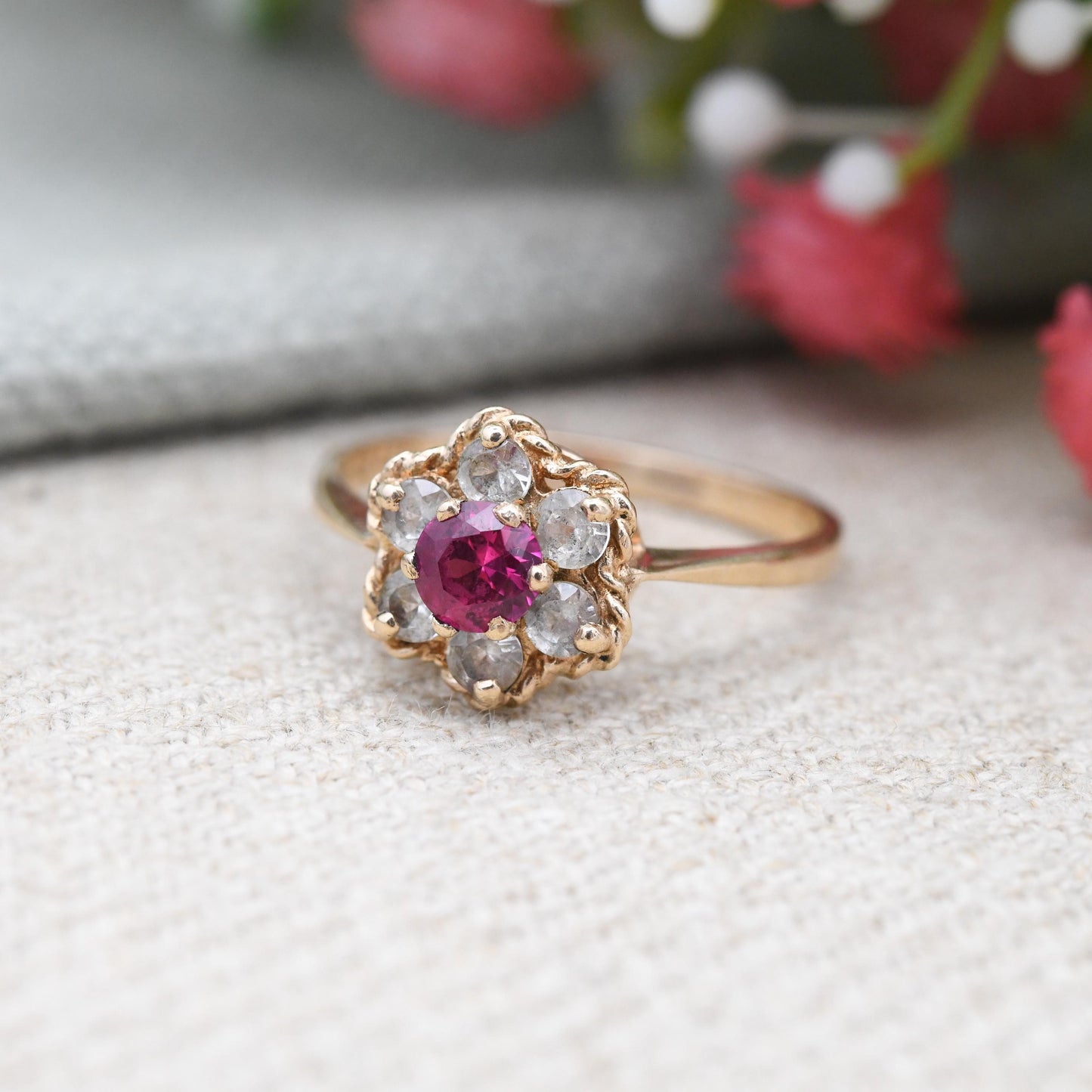 Vintage 9ct Gold Ruby Daisy Ring 1972 with Clear Stone Halo - Floral Cluster Pretty Gold Jewellery Gift for Her | UK Size - O | US Size - 7
