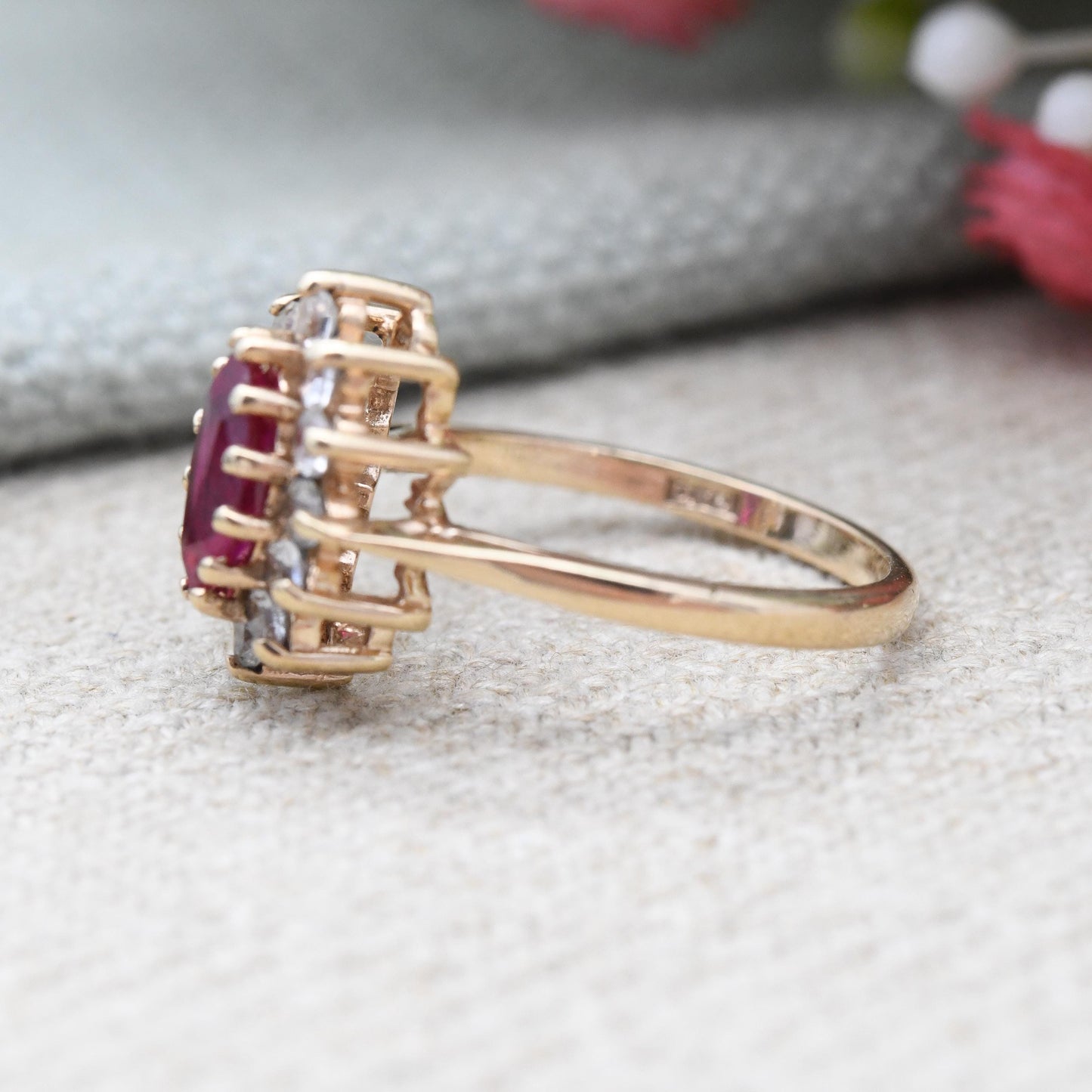 Vintage 9ct Gold Ruby Halo Ring 1971 Marquise Cut - Pointed Oval Shape | Clear Stones | Gold Jewellery | UK Size - K 1/2 | US Size - 5 1/2