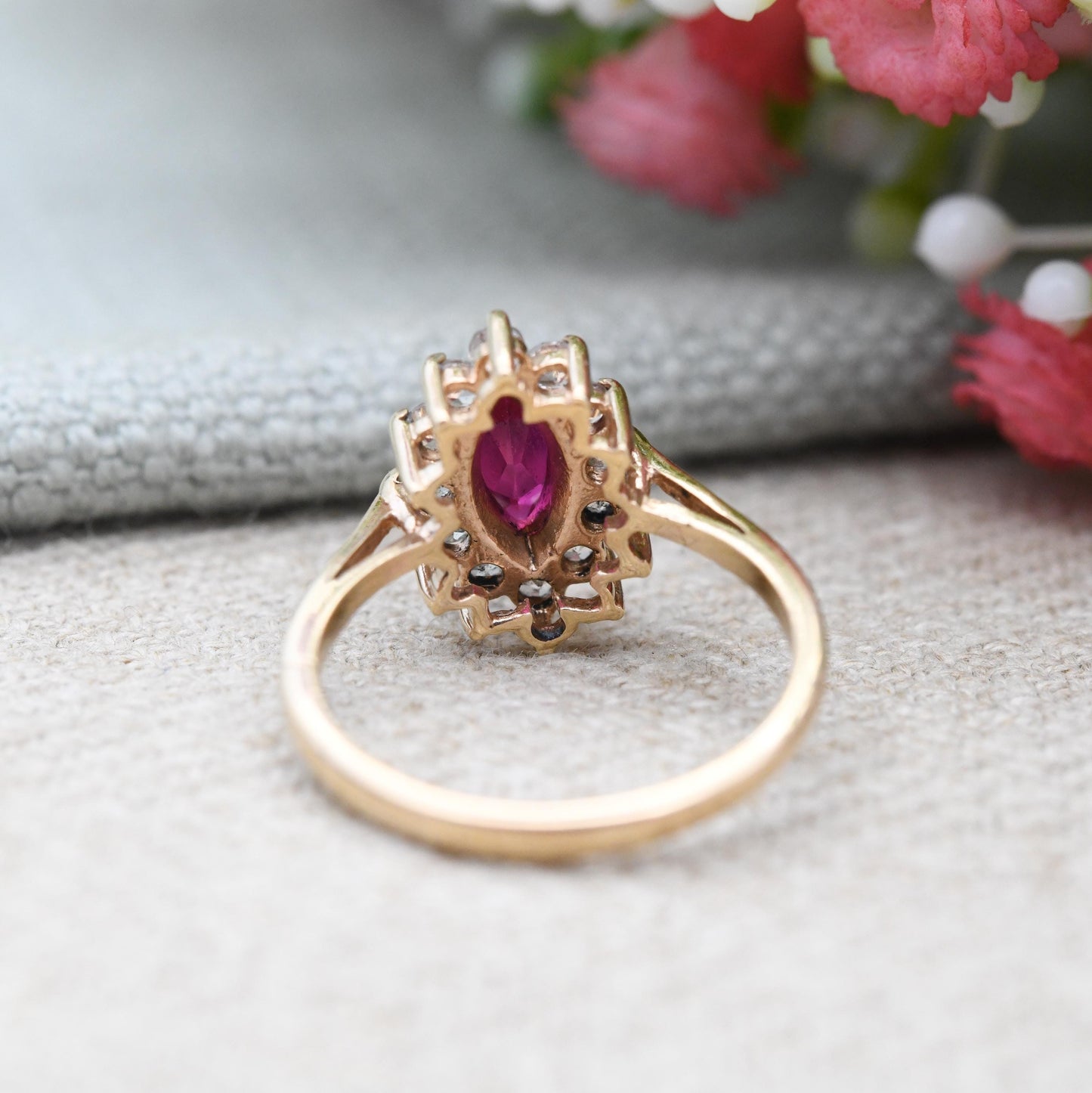 Vintage 9ct Gold Ruby Halo Ring 1971 Marquise Cut - Pointed Oval Shape | Clear Stones | Gold Jewellery | UK Size - K 1/2 | US Size - 5 1/2