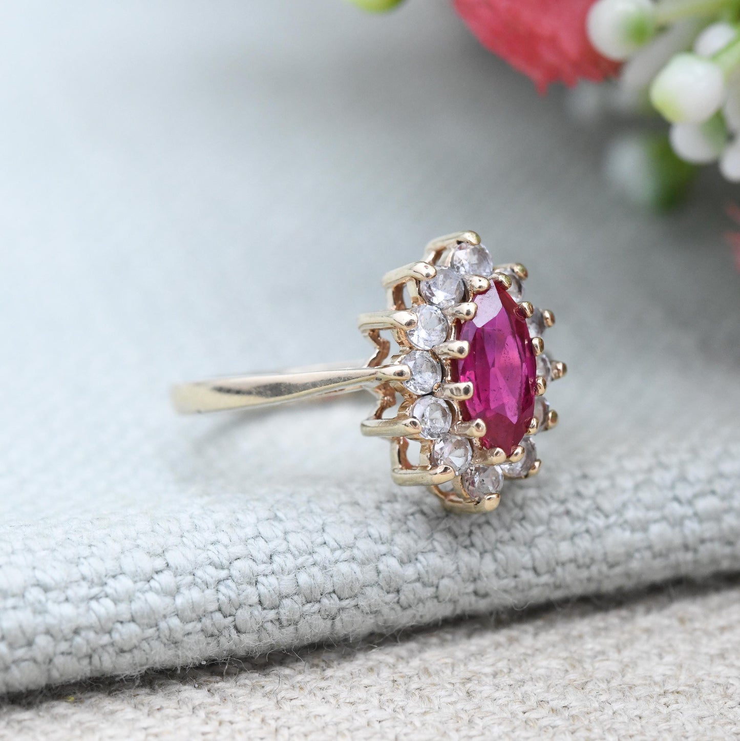 Vintage 9ct Gold Ruby Halo Ring 1971 Marquise Cut - Pointed Oval Shape | Clear Stones | Gold Jewellery | UK Size - K 1/2 | US Size - 5 1/2
