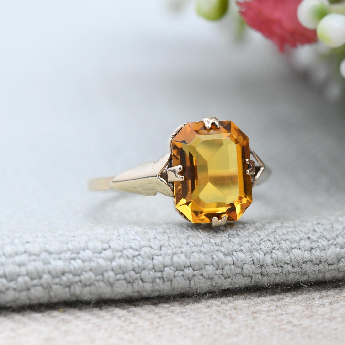 Vintage 9ct Gold Ring with Orange Paste Stone - Cocktail Dress Ring Big Rectangle Glass Stone Pretty Gift | UK Size - O 1/2 US Size - 7 1/2