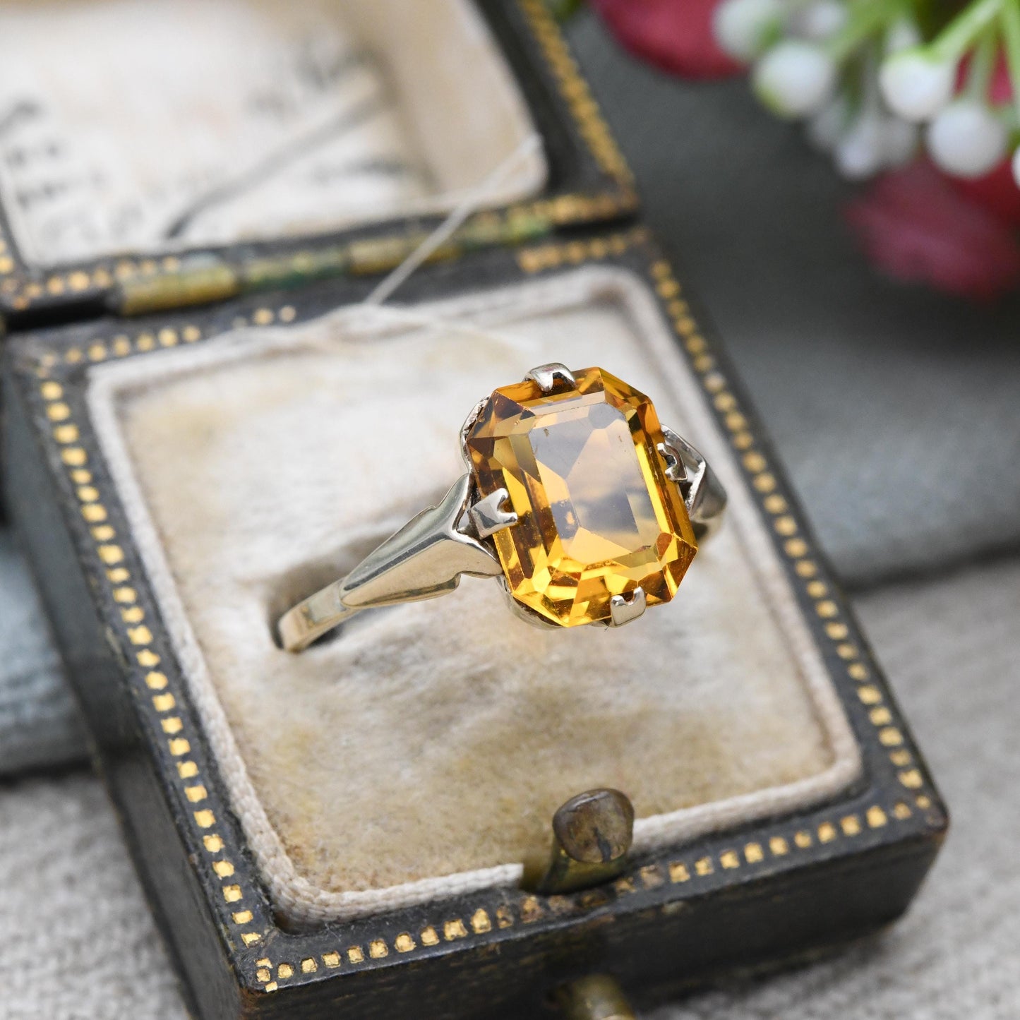 Vintage 9ct Gold Ring with Orange Paste Stone - Cocktail Dress Ring Big Rectangle Glass Stone Pretty Gift | UK Size - O 1/2 US Size - 7 1/2
