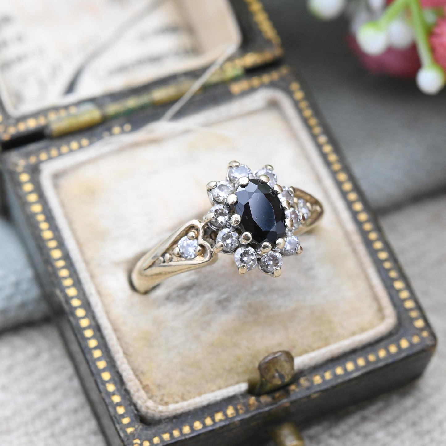 Vintage 9ct Gold Sapphire and CZ Halo Cluster Ring with Heart Shoulders 1993 - Blue Clear Stone Cocktail | UK Size - K 1/2 | US Size - 5 1/2