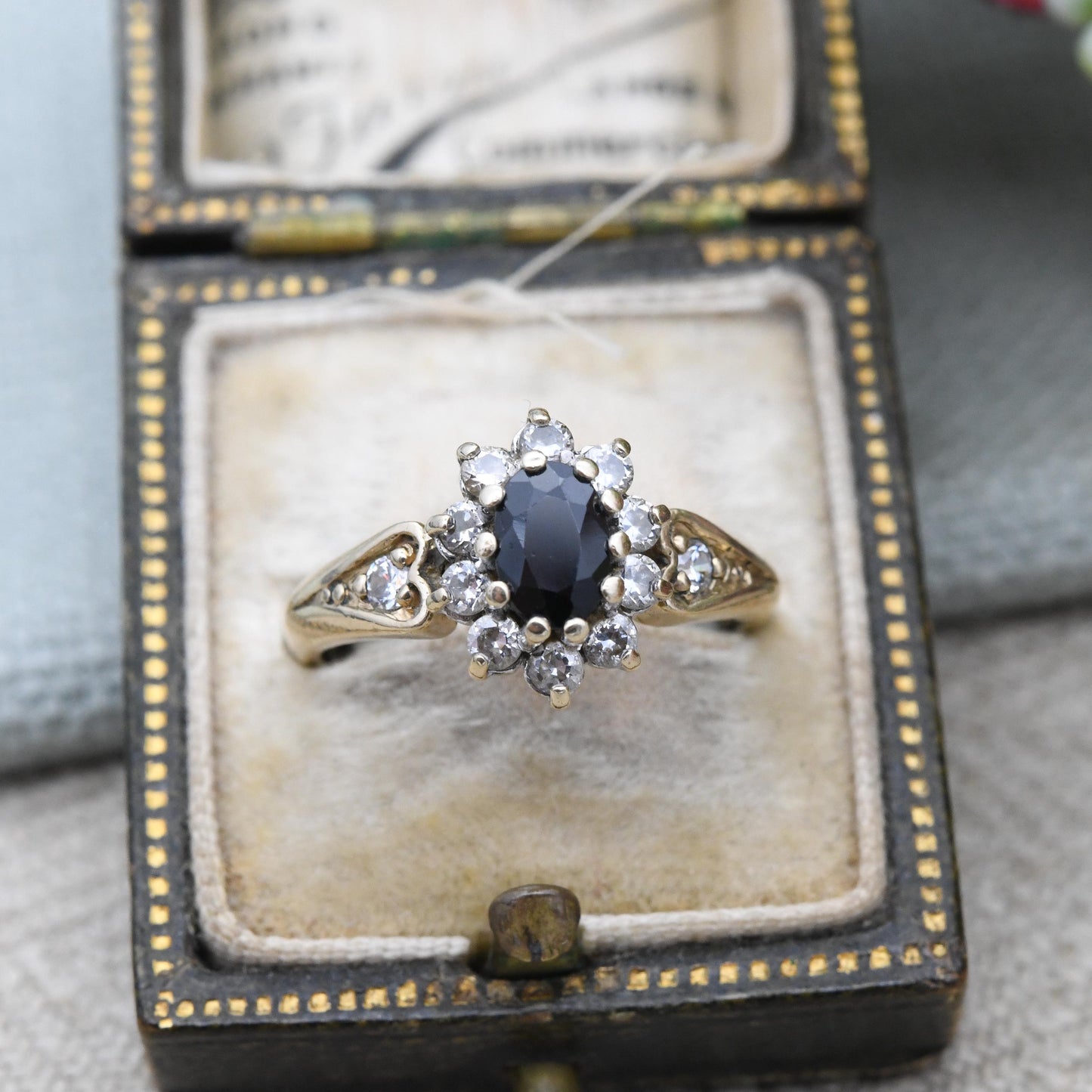 Vintage 9ct Gold Sapphire and CZ Halo Cluster Ring with Heart Shoulders 1993 - Blue Clear Stone Cocktail | UK Size - K 1/2 | US Size - 5 1/2