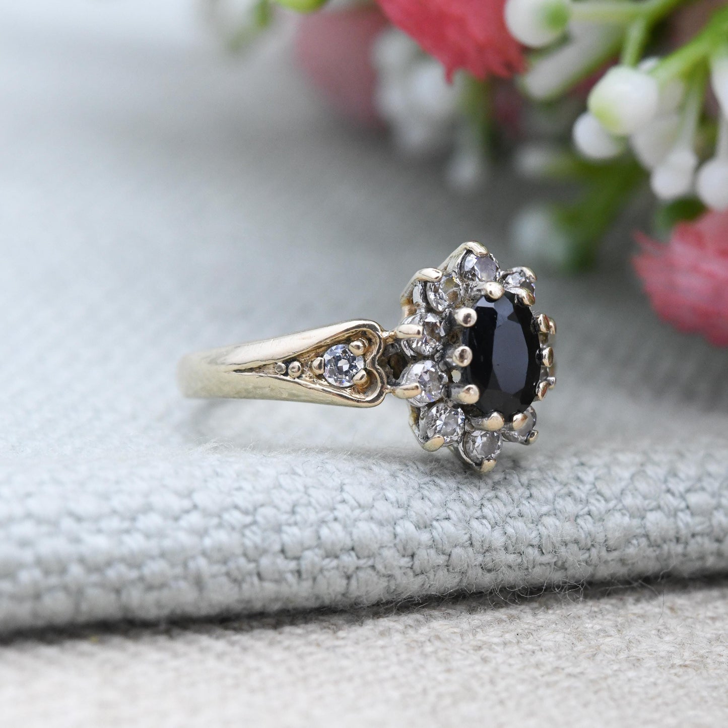 Vintage 9ct Gold Sapphire and CZ Halo Cluster Ring with Heart Shoulders 1993 - Blue Clear Stone Cocktail | UK Size - K 1/2 | US Size - 5 1/2