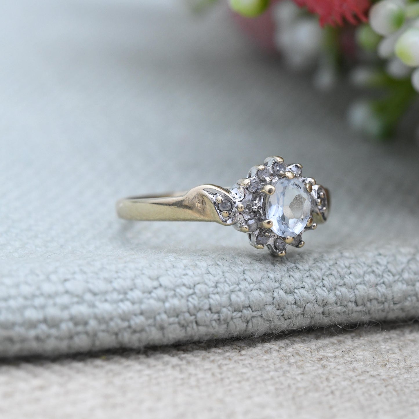 Vintage 9ct Gold Diamond Halo Cluster Ring c. 1980s - Blue Stone Dress Ring | Pretty Jewellery Gift for Her | UK Size - N 1/2 | US Size - 7