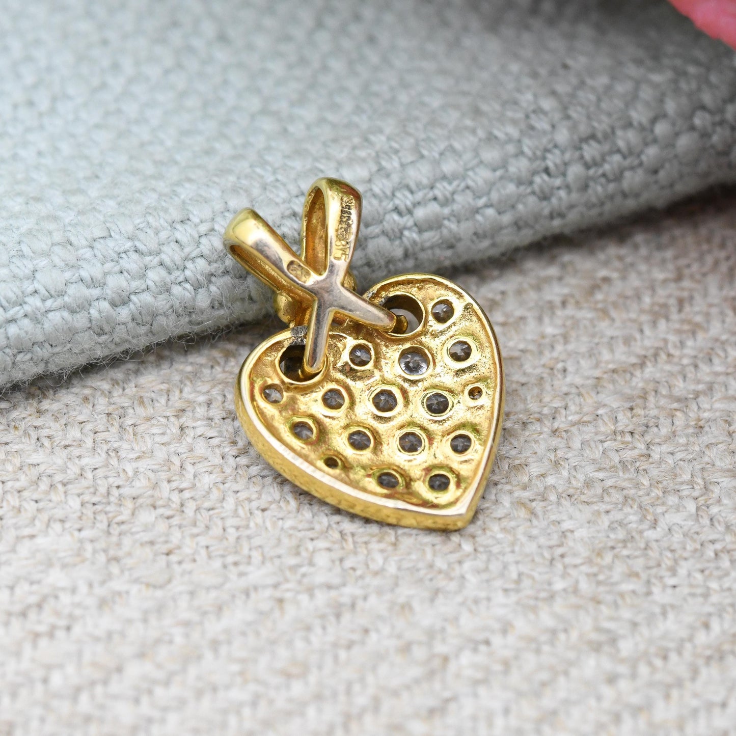 Vintage 9ct Gold Heart Pendant with Clear Stones CZ - Knotted Bale Love Heart Charm Gift for Her Necklace Stack | Yellow Gold Symbol
