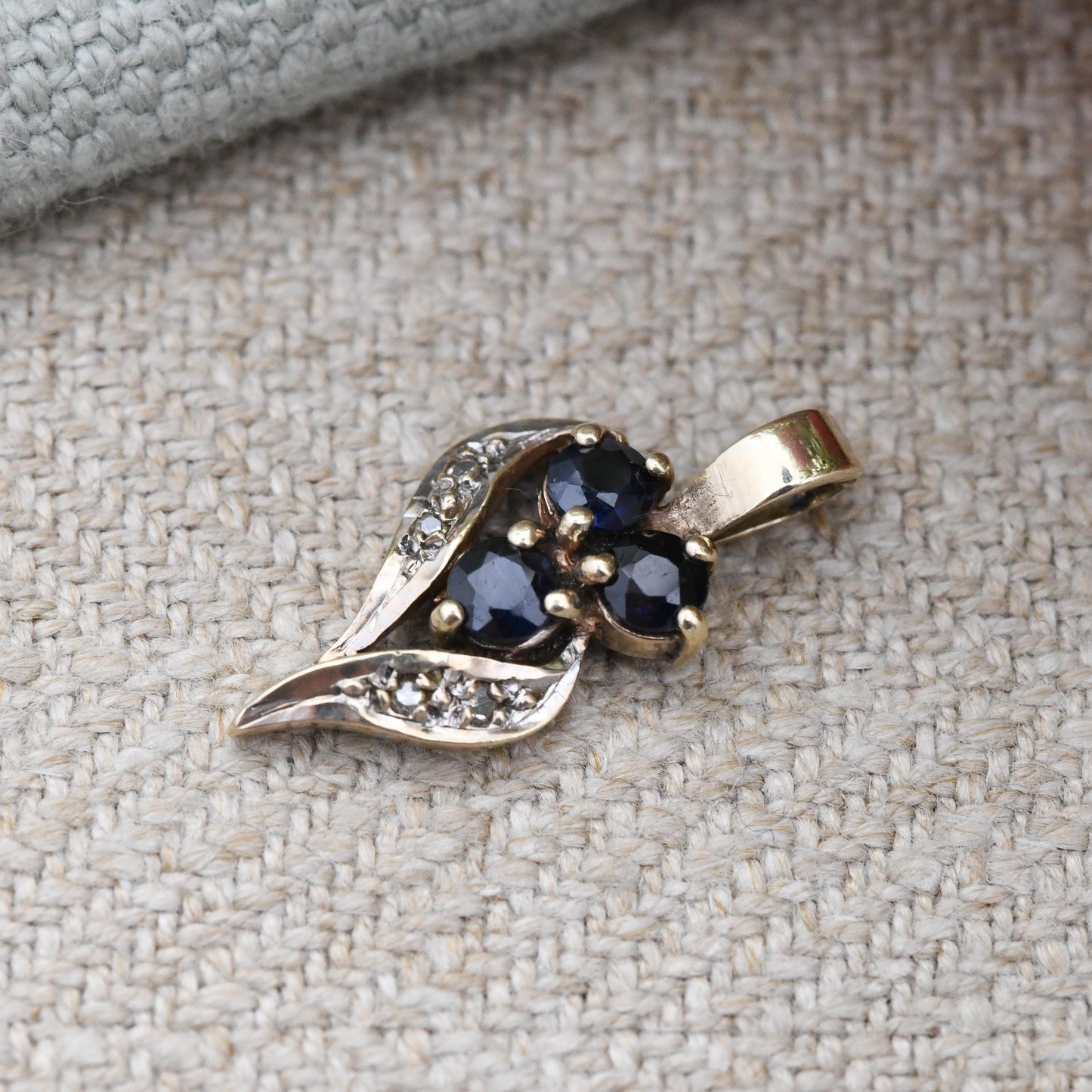 Vintage 9ct Gold Sapphire and Diamond Pendant Floral Leaf Design 1985 - Mid-Century Miniature Gemstone Charm | Berries Flower Plant Theme