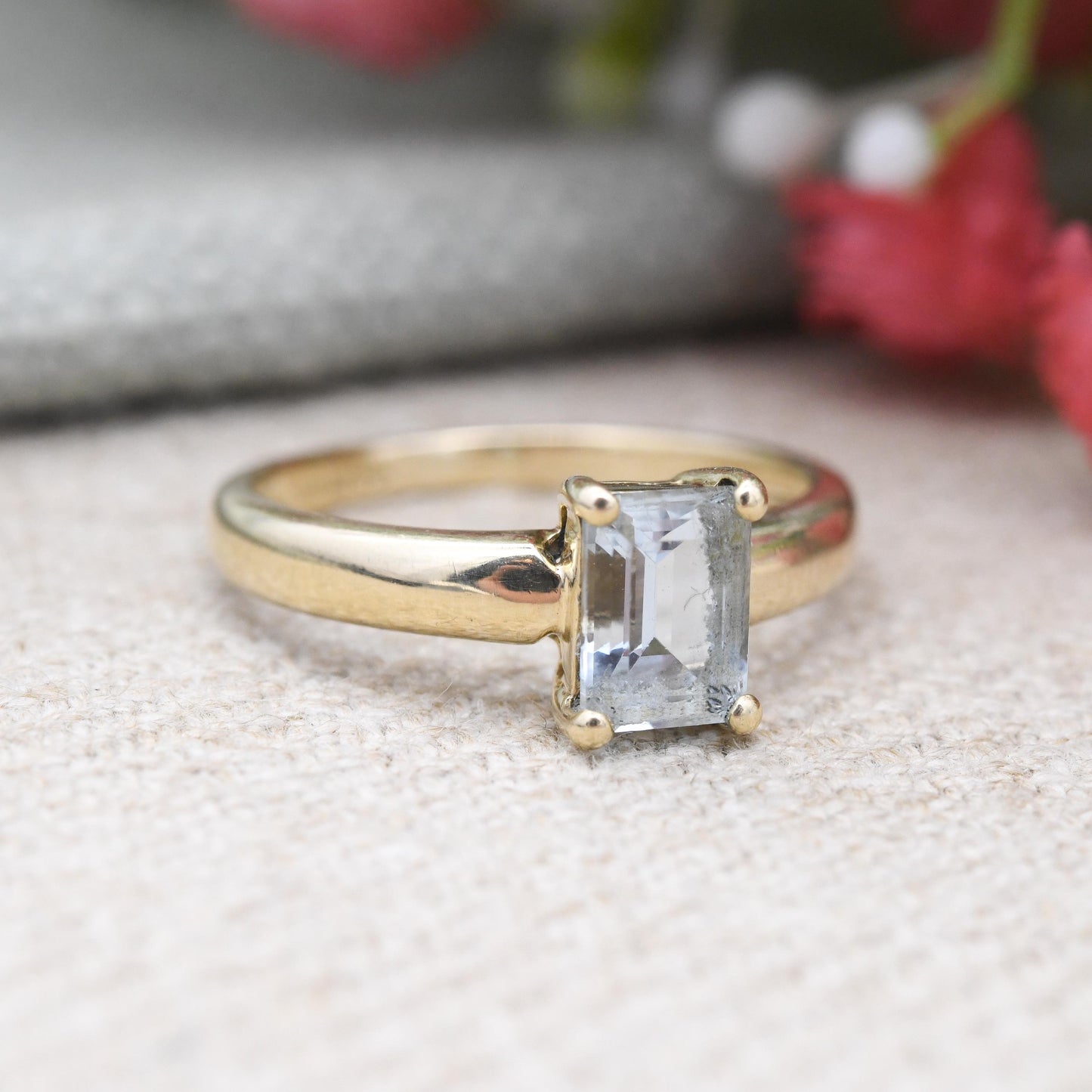9ct Gold Aquamarine Solitaire Ring Emerald Cut 2002 QVC - Large Prong Blue Single Stone Cocktail Ring | UK Size - M | US Size - 6 1/4